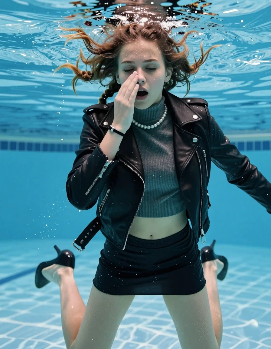 photo of young woman, in soaking wet, drenched clothes,
High Heels, Short black mini skirt, Black biker leatherjacket, tight knit turtleneck sweater belly free, shoulderbag, pearl necklace, bracelet, wristwatch , Swimming half submerged underwater in swimming pool , 
enjoying, wet clothes stuck to body,
detailed textures of the wet clothes, wet face, wet plastered hair,
wet, drenched, professional, high-quality details, full body view.
sharp focus, ultra-high pixel detail, realistic, high-quality, full colors, incredibly detailed, 4k, 8k, 16k, hyper-realistic, RAW photo, masterpiece, ultra-detailed, professionally color graded, professional photograph, Two sleek long braids

15 years old  teenage girl

Covers her nose with her fingers. Looking slightly away. Open mouth, closed eyes.

she is completely underwater up to her neck, afraid and astonished expression. 

Swimming movements with Arms and legs. Breast swimming.

her submerged clothes are hardly vusible under water, she soaked her handbag into the water

close up view, wet skin, wet clothes, wet hair, damp fabric, water runs down the clothes, wet skin, wet clothes, damp fabric, wet skin, wet clothes, damp fabric, wet skin, wet clothes, damp fabric, wet skin, wet clothes, damp fabric, wet skin, wet clothes, damp fabric, wet skin, wet clothes, damp fabric, wet skin, wet clothes, damp fabric, wet skin, wet clothes, damp fabric, wet skin, wet clothes, damp fabric, wet skin, wet clothes, damp fabric, wet skin, wet clothes, damp fabric, wet skin, wet clothes, damp fabric, wet skin, wet clothes, damp fabric, wet skin, wet clothes, damp fabric, wet skin, wet clothes, damp fabric, wet skin, wet clothes, damp fabric, wet skin, wet clothes, damp fabric, wet skin, wet clothes, damp fabric, wet skin, wet clothes, damp fabric, wet skin, wet clothes, damp fabric, wet skin, wet clothes, damp fabric