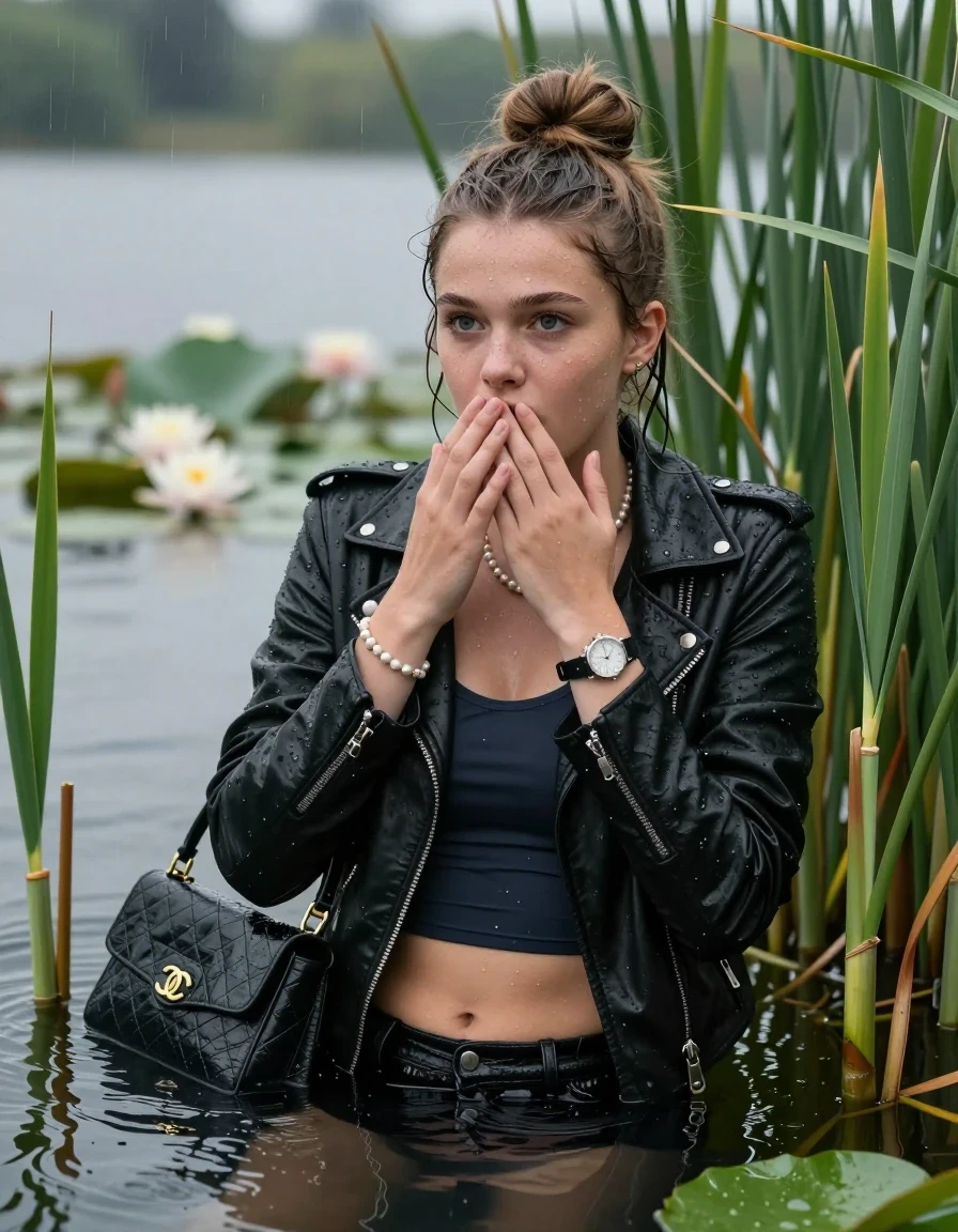 photo of young woman, in soaking wet, drenched clothes,
, , Black biker leatherjacket, tight sexy tshirt with wide neckline belly free, handbag, pearl necklace, bracelet, wristwatch , Emerging after diving in a lake with water lilies and reeds, rain , 
enjoying, wet clothes stuck to body,
detailed textures of the wet clothes, wet face, wet plastered hair,
wet, drenched, professional, high-quality details, full body view.
sharp focus, ultra-high pixel detail, realistic, high-quality, full colors, incredibly detailed, 4k, 8k, 16k, hyper-realistic, RAW photo, masterpiece, ultra-detailed, professionally color graded, professional photograph, Topknot

15 years old  teenage girl

Laying her breast on the surface.  Looking slightly away. Hold her hands on her mouth.

she is completely underwater up to her neck, afraid and astonished expression. 

She hides in the reeds and is surprised by spectators

her submerged clothes are hardly vusible under water, she soaked her handbag into the water

close up view, wet skin, wet clothes, wet hair, damp fabric, water runs down the clothes, wet skin, wet clothes, damp fabric., wet skin, wet clothes, damp fabric