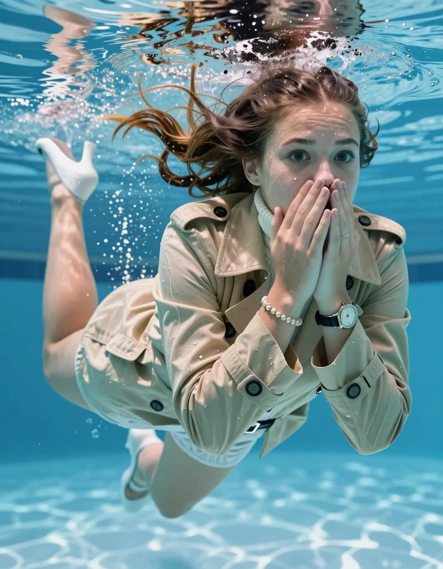 photo of young woman, in soaking wet, drenched clothes,
Heels, White mini , Beige Winter trenchcoat, tight knit turtleneck sweater belly free, shoulderbag, pearl necklace, bracelet, wristwatch , Swimming half submerged underwater in swimming pool , 
enjoying, wet clothes stuck to body,
detailed textures of the wet clothes, wet face, wet plastered hair,
wet, drenched, professional, high-quality details, full body view.
sharp focus, ultra-high pixel detail, realistic, high-quality, full colors, incredibly detailed, 4k, 8k, 16k, hyper-realistic, RAW photo, masterpiece, ultra-detailed, professionally color graded, professional photograph, Two sleek long braids

15 years old  teenage girl

Covers her nose with her hands. Looking slightly away. Open mouth, big eyes.

she is completely underwater up to her neck, afraid and astonished expression. 

Swimming movements with Arms and legs. Breast swimming.

her submerged clothes are hardly vusible under water, she soaked her handbag into the water

close up view, wet skin, wet clothes, wet hair, damp fabric, water runs down the clothes, wet skin, wet clothes, damp fabric, wet skin, wet clothes, damp fabric, wet skin, wet clothes, damp fabric, wet skin, wet clothes, damp fabric, wet skin, wet clothes, damp fabric, wet skin, wet clothes, damp fabric, wet skin, wet clothes, damp fabric, wet skin, wet clothes, damp fabric, wet skin, wet clothes, damp fabric, wet skin, wet clothes, damp fabric, wet skin, wet clothes, damp fabric, wet skin, wet clothes, damp fabric, wet skin, wet clothes, damp fabric, wet skin, wet clothes, damp fabric, wet skin, wet clothes, damp fabric, wet skin, wet clothes, damp fabric, wet skin, wet clothes, damp fabric, wet skin, wet clothes, damp fabric, wet skin, wet clothes, damp fabric, wet skin, wet clothes, damp fabric, wet skin, wet clothes, damp fabric, wet skin, wet clothes, damp fabric, wet skin, wet clothes, damp fabric