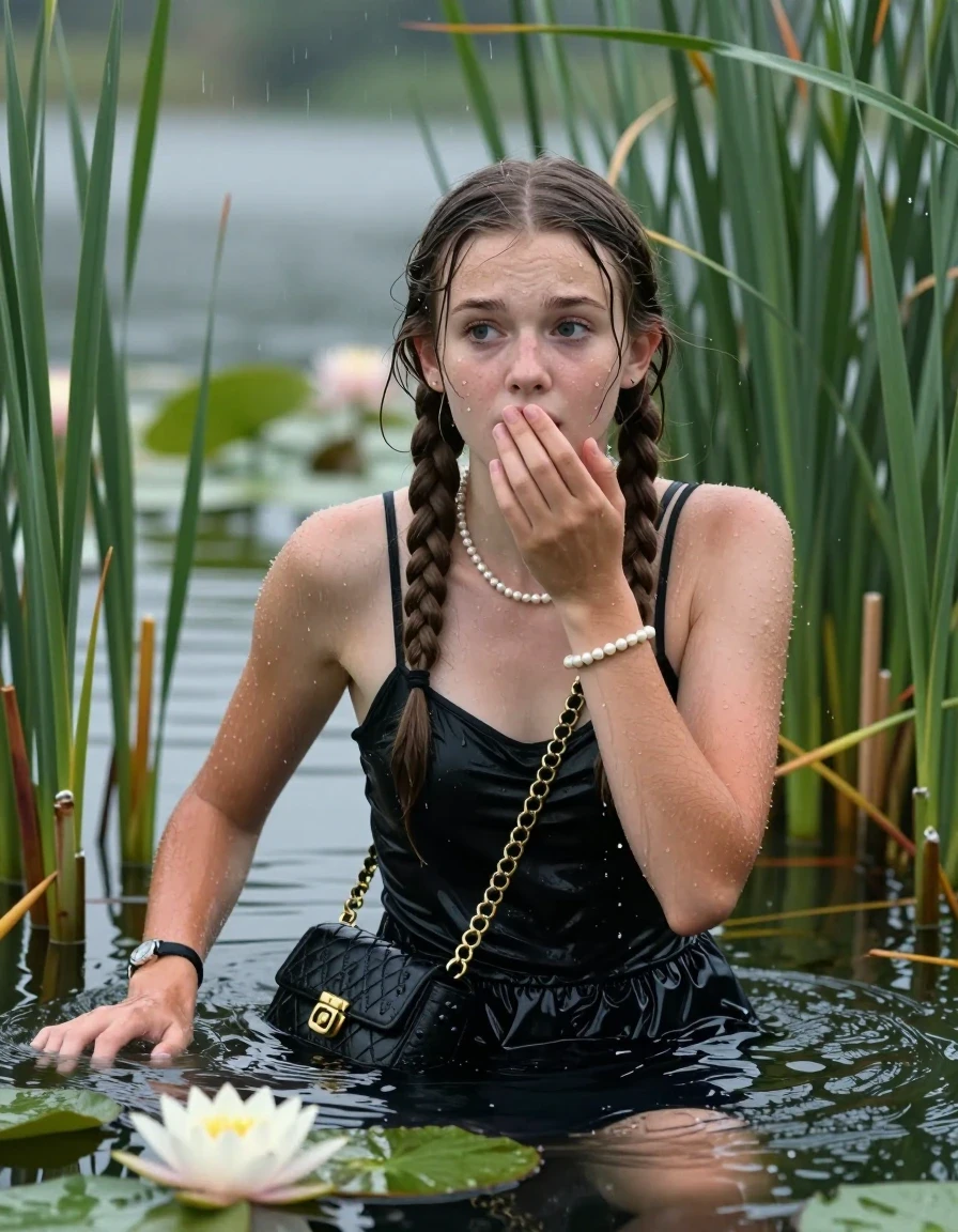 photo of young woman, in soaking wet, drenched clothes,
, , Small black dress with spaghetti straps and wide neckline, handbag, pearl necklace, bracelet, wristwatch , Emerging after diving in a lake with water lilies and reeds, rain , 
enjoying, wet clothes stuck to body,
detailed textures of the wet clothes, wet face, wet plastered hair,
wet, drenched, professional, high-quality details, full body view.
sharp focus, ultra-high pixel detail, realistic, high-quality, full colors, incredibly detailed, 4k, 8k, 16k, hyper-realistic, RAW photo, masterpiece, ultra-detailed, professionally color graded, professional photograph, Two long braids

15 years old  teenage girl

Laying her breast on the surface.  Looking slightly away. Hold her hand on mouth.

she is completely underwater up to her neck, afraid and astonished expression. 

She hides in the reeds and is surprised by spectators

her submerged clothes are hardly vusible under water, she soaked her handbag into the water

close up view, wet skin, wet clothes, wet hair, damp fabric, water runs down the clothes, wet skin, wet clothes, damp fabric, wet skin, wet clothes, damp fabric, wet skin, wet clothes, damp fabric, wet skin, wet clothes, damp fabric, wet skin, wet clothes, damp fabric, wet skin, wet clothes, damp fabric, wet skin, wet clothes, damp fabric, wet skin, wet clothes, damp fabric, wet skin, wet clothes, damp fabric, wet skin, wet clothes, damp fabric, wet skin, wet clothes, damp fabric, wet skin, wet clothes, damp fabric, wet skin, wet clothes, damp fabric, wet skin, wet clothes, damp fabric, wet skin, wet clothes, damp fabric, wet skin, wet clothes, damp fabric, wet skin, wet clothes, damp fabric, wet skin, wet clothes, damp fabric, wet skin, wet clothes, damp fabric