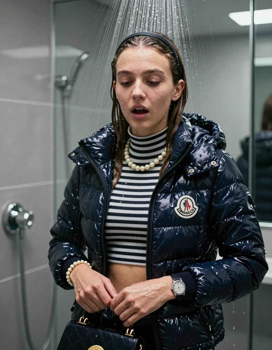 photo of young woman, in soaking wet, drenched clothes,
, , Moncler shiny puffer down jacket, tight striped knit turtleneck sweater belly free, handbag, pearl necklace, bracelet, wristwatch , Under the shower, strong jet of water, modern mirrored bathroom, 
enjoying, wet clothes stuck to body,
detailed textures of the wet clothes, wet face, wet plastered hair,
wet, drenched, professional, high-quality details, full body view.
sharp focus, ultra-high pixel detail, realistic, high-quality, full colors, incredibly detailed, 4k, 8k, 16k, hyper-realistic, RAW photo, masterpiece, ultra-detailed, professionally color graded, professional photograph, Sleek long straight hair with hairband

15 years old  teenage girl

Only head and shoulders are over the surface visible. Open mouth, closed eyes. Looking at camera.

she is completely underwater up to her neck, afraid and astonished expression. 

her submerged clothes are hardly vusible under water, she soaked her handbag into the water

close up view, wet skin, wet clothes, wet hair, damp fabric, water runs down the clothes, wet skin, wet clothes, damp fabric., wet skin, wet clothes, damp fabric, wet skin, wet clothes, damp fabric, wet skin, wet clothes, damp fabric