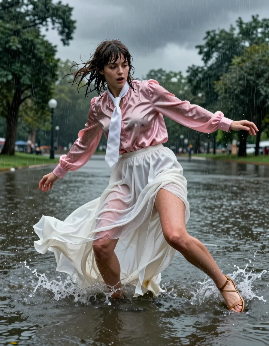 A photorealistic full-body shot of a young adult European woman with messy, wet Beatles-style hair, caught in the middle of a clumsy fall in a flooded park during a violent storm. She is wearing an oversized pink long-sleeved satin blouse with a crisp white necktie; the fabric is heavily saturated, clinging to her skin with deep, dark patches and glistening wet sheen. She wears a floor-length white silk skirt that is excessively long, causing her to trip over the hem as it drags through the murky, rain-rippled floodwater. The silk is translucent and heavy with water, clinging to her legs and revealing the texture of the fabric beneath. She wears strappy sandals that are partially submerged in the shallow, turbulent water. Her skin is slick with rain, and her expression is one of surprised imbalance. The environment features a dark, moody storm sky, heavy rain streaks, and reflections of the park trees in the standing water. High-speed shutter photography, sharp focus on the splashing water droplets, cinematic lighting, hyper-detailed wet textures, 8k resolution, realistic fabric physics.