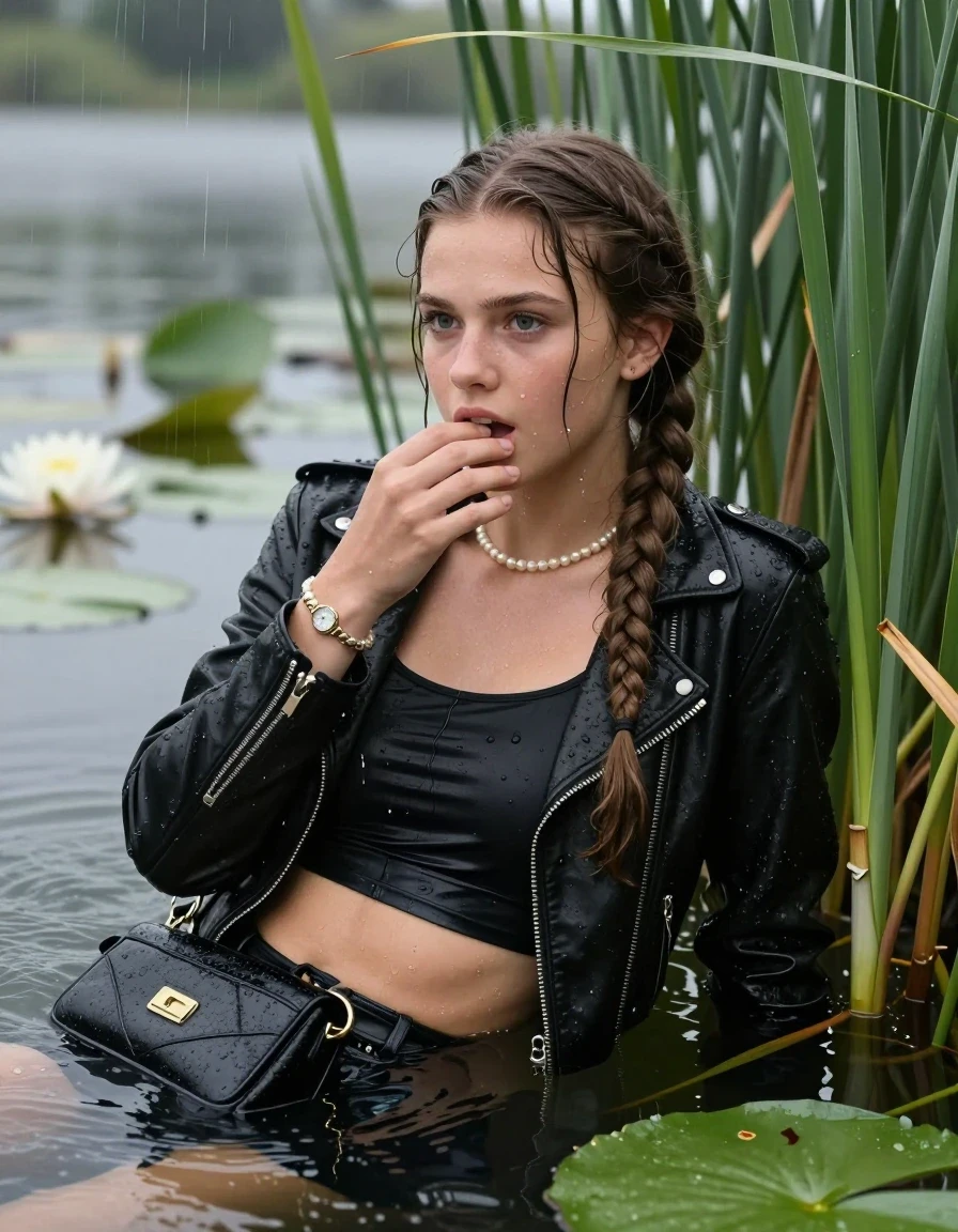 photo of young woman, in soaking wet, drenched clothes,
, , Black biker leatherjacket, tight sexy tshirt with wide neckline belly free, handbag, pearl necklace, bracelet, wristwatch , Emerging after diving in a lake with water lilies and reeds, rain , 
enjoying, wet clothes stuck to body,
detailed textures of the wet clothes, wet face, wet plastered hair,
wet, drenched, professional, high-quality details, full body view.
sharp focus, ultra-high pixel detail, realistic, high-quality, full colors, incredibly detailed, 4k, 8k, 16k, hyper-realistic, RAW photo, masterpiece, ultra-detailed, professionally color graded, professional photograph, Two long braids

15 years old  teenage girl

Laying her breast on the surface.  Looking slightly away. Hold her hand on mouth.

she is completely underwater up to her neck, afraid and astonished expression. 

She hides in the reeds and is surprised by spectators

her submerged clothes are hardly vusible under water, she soaked her handbag into the water

close up view, wet skin, wet clothes, wet hair, damp fabric, water runs down the clothes, wet skin, wet clothes, damp fabric, wet skin, wet clothes, damp fabric, wet skin, wet clothes, damp fabric, wet skin, wet clothes, damp fabric, wet skin, wet clothes, damp fabric, wet skin, wet clothes, damp fabric, wet skin, wet clothes, damp fabric, wet skin, wet clothes, damp fabric, wet skin, wet clothes, damp fabric, wet skin, wet clothes, damp fabric, wet skin, wet clothes, damp fabric, wet skin, wet clothes, damp fabric, wet skin, wet clothes, damp fabric, wet skin, wet clothes, damp fabric, wet skin, wet clothes, damp fabric, wet skin, wet clothes, damp fabric, wet skin, wet clothes, damp fabric, wet skin, wet clothes, damp fabric, wet skin, wet clothes, damp fabric