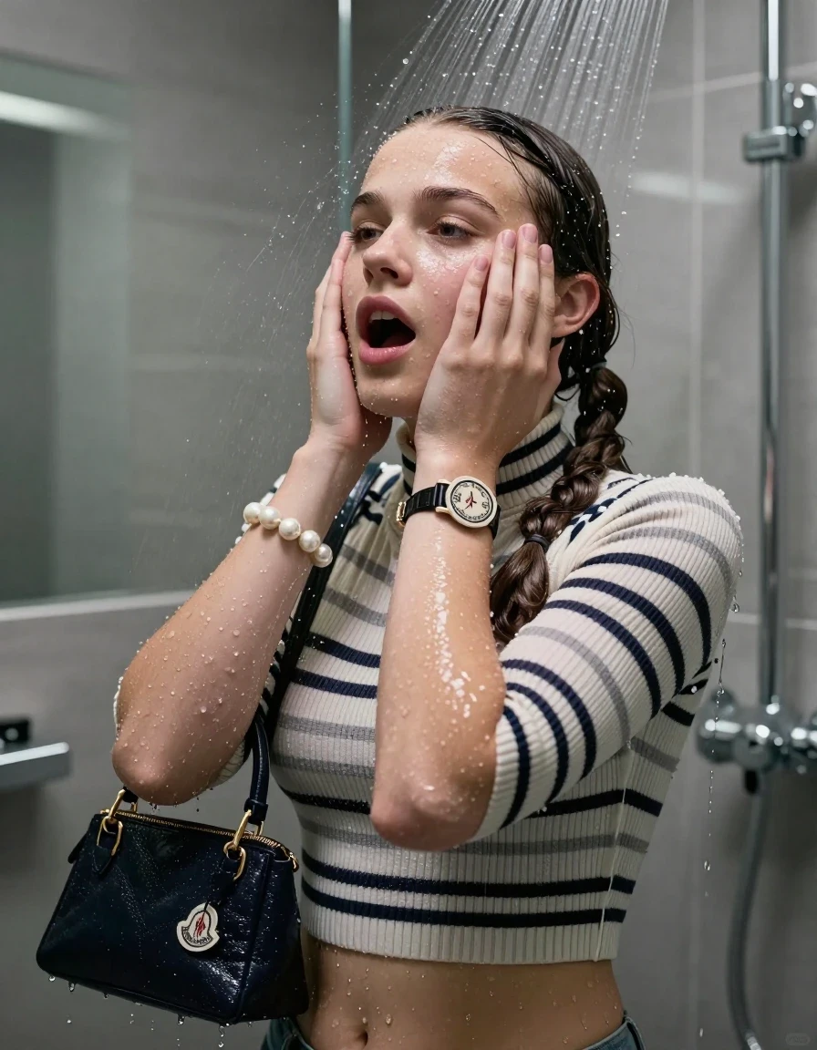 photo of young woman, in soaking wet, drenched clothes,
, , Moncler puffer down jacket, tight striped knit turtleneck sweater belly free, handbag, pearl necklace, bracelet, wristwatch, Under the shower, strong jet of water, modern mirrored bathroom, 
enjoying, wet clothes stuck to body,
detailed textures of the wet clothes, wet face, wet plastered hair,
wet, drenched, professional, high-quality details, full body view.
sharp focus, ultra-high pixel detail, realistic, high-quality, full colors, incredibly detailed, 4k, 8k, 16k, hyper-realistic, RAW photo, masterpiece, ultra-detailed, professionally color graded, professional photograph, Two pigtails

15 years old  teenage girl

Only head and shoulders are over the surface visible. Open mouth, closed eyes. Looking up. Hold her hands over her face.

she is completely underwater up to her neck, afraid and astonished expression. 

her submerged clothes are hardly vusible under water, she soaked her handbag into the water

close up view, wet skin, wet clothes, wet hair, damp fabric, water runs down the clothes, wet skin, wet clothes, damp fabric., wet skin, wet clothes, damp fabric, wet skin, wet clothes, damp fabric, wet skin, wet clothes, damp fabric