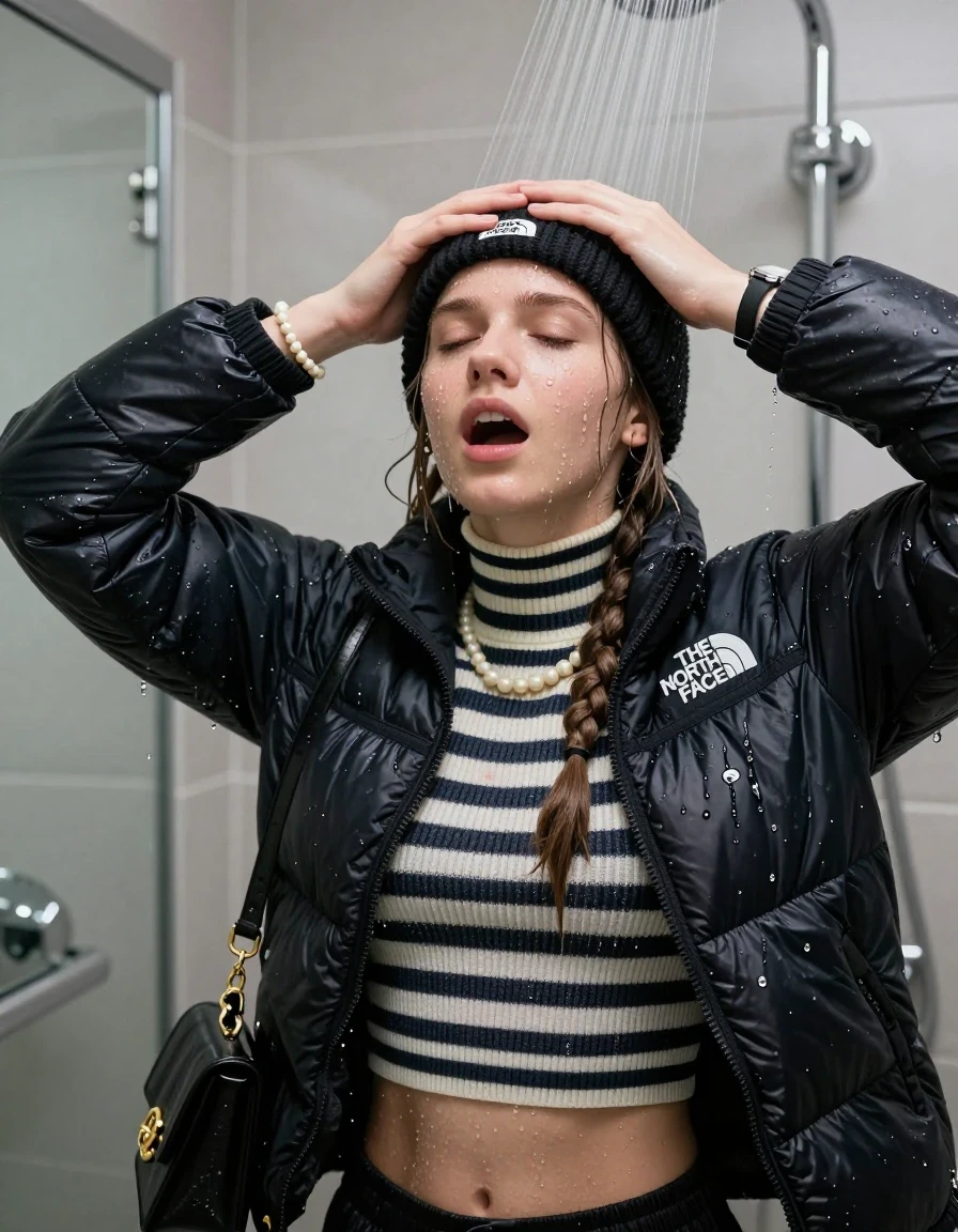 photo of young woman, in soaking wet, drenched clothes,
, , Black North face puffer down jacket, tight striped knit turtleneck sweater belly free, handbag, pearl necklace, bracelet, wristwatch, black knitted north face hat, Under the shower, strong jet of water, modern mirrored bathroom, 
enjoying, wet clothes stuck to body,
detailed textures of the wet clothes, wet face, wet plastered hair,
wet, drenched, professional, high-quality details, full body view.
sharp focus, ultra-high pixel detail, realistic, high-quality, full colors, incredibly detailed, 4k, 8k, 16k, hyper-realistic, RAW photo, masterpiece, ultra-detailed, professionally color graded, professional photograph, Two pigtails

15 years old  teenage girl

Only head and shoulders are over the surface visible. Open mouth, closed eyes. Looking up. Hold her hands over her forehead.

she is completely underwater up to her neck, afraid and astonished expression. 

her submerged clothes are hardly vusible under water, she soaked her handbag into the water

close up view, wet skin, wet clothes, wet hair, damp fabric, water runs down the clothes, wet skin, wet clothes, damp fabric., wet skin, wet clothes, damp fabric, wet skin, wet clothes, damp fabric, wet skin, wet clothes, damp fabric