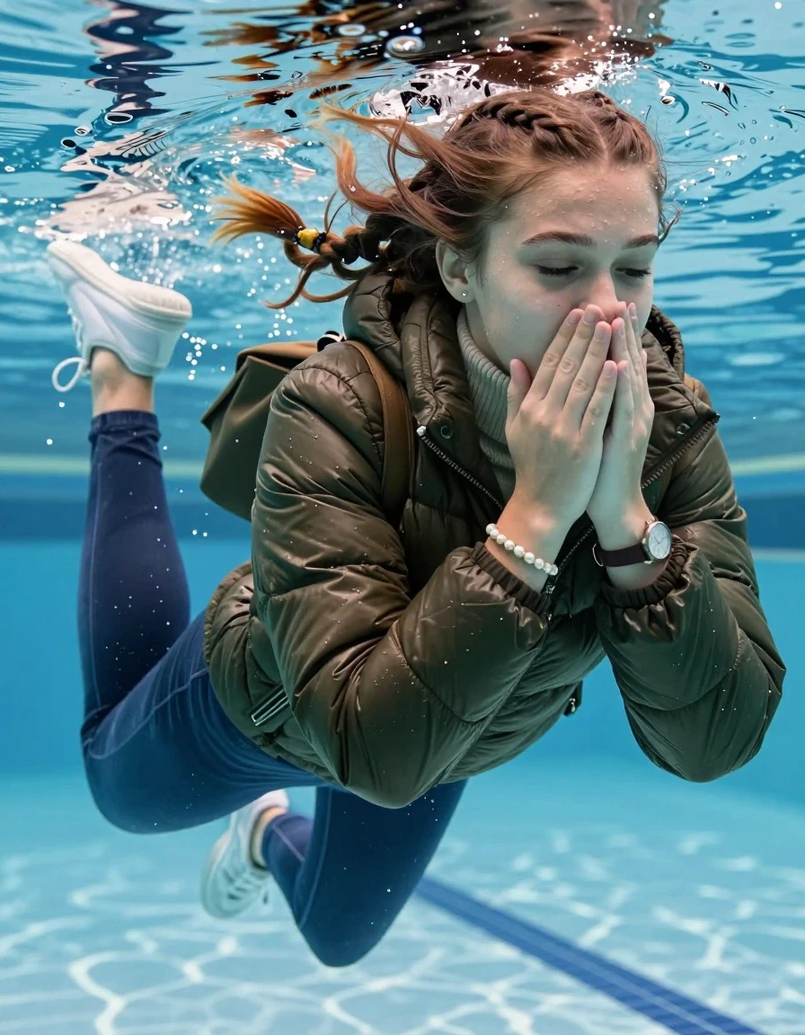photo of young woman, in soaking wet, drenched clothes,
White sneakers , Completely soaked tight skinny jeans,  Belstaff olive shiny puffer down jacket, tight knit turtleneck sweater, shoulderbag, pearl necklace, bracelet, wristwatch , Swimming half submerged underwater in swimming pool , 
enjoying, wet clothes stuck to body,
detailed textures of the wet clothes, wet face, wet plastered hair,
wet, drenched, professional, high-quality details, full body view.
sharp focus, ultra-high pixel detail, realistic, high-quality, full colors, incredibly detailed, 4k, 8k, 16k, hyper-realistic, RAW photo, masterpiece, ultra-detailed, professionally color graded, professional photograph, Two sleek long braids

15 years old  teenage girl

Covers her nose with her fingers. Looking slightly away. Open mouth, closed eyes.

she is completely underwater up to her neck, afraid and astonished expression. 

Swimming movements with Arms and legs. Breast swimming.

her submerged clothes are hardly vusible under water, she soaked her handbag into the water

close up view, wet skin, wet clothes, wet hair, damp fabric, water runs down the clothes, wet skin, wet clothes, damp fabric, wet skin, wet clothes, damp fabric, wet skin, wet clothes, damp fabric, wet skin, wet clothes, damp fabric, wet skin, wet clothes, damp fabric, wet skin, wet clothes, damp fabric, wet skin, wet clothes, damp fabric, wet skin, wet clothes, damp fabric, wet skin, wet clothes, damp fabric, wet skin, wet clothes, damp fabric, wet skin, wet clothes, damp fabric, wet skin, wet clothes, damp fabric, wet skin, wet clothes, damp fabric, wet skin, wet clothes, damp fabric, wet skin, wet clothes, damp fabric, wet skin, wet clothes, damp fabric, wet skin, wet clothes, damp fabric, wet skin, wet clothes, damp fabric, wet skin, wet clothes, damp fabric, wet skin, wet clothes, damp fabric