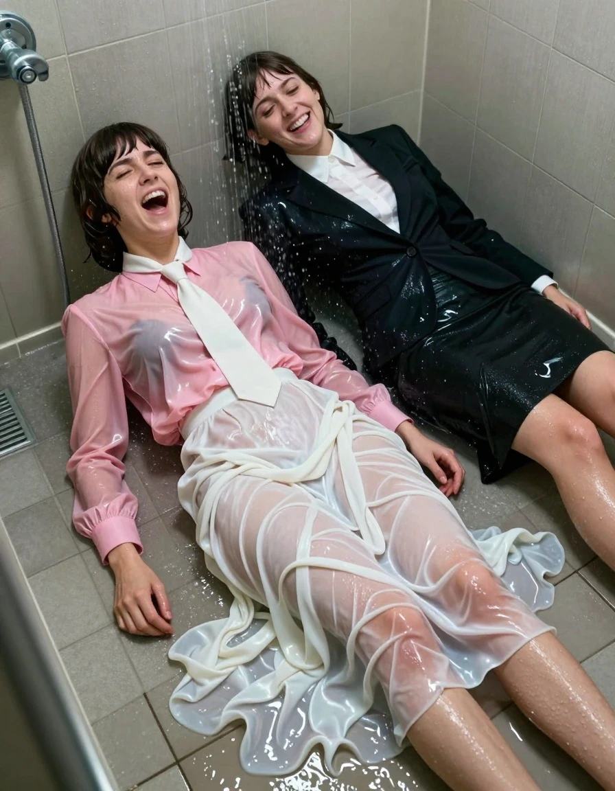 A photorealistic, highly detailed scene inside a flooded gym shower. A young adult European woman with a Beatles-style haircut and an expression of intense pleasure during an orgasm, lying on the wet tiled floor, wearing an oversized pink long-sleeved satin blouse with a white necktie and an excessively long floor-length silk white skirt, her clothing completely soaked, translucent, and clinging to her body with heavy, dripping folds and deep, saturated color variations. Beside her lies another young adult European female teacher, dressed in a professional black business jacket, a white button-down shirt, and a floor-length skirt, both women's garments heavily saturated with water, clinging to their skin, and showing realistic wet textures, sheen, and weight. The woman's feet are visible wearing sandals, also wet and glistening. The environment is a tiled gym shower with shallow standing water, water droplets and streams cascading down the walls and over the subjects, high-contrast lighting reflecting off the wet surfaces, hyper-realistic skin texture with water sheen, cinematic composition, 8k resolution, sharp focus on the wet fabric textures and facial expressions.
