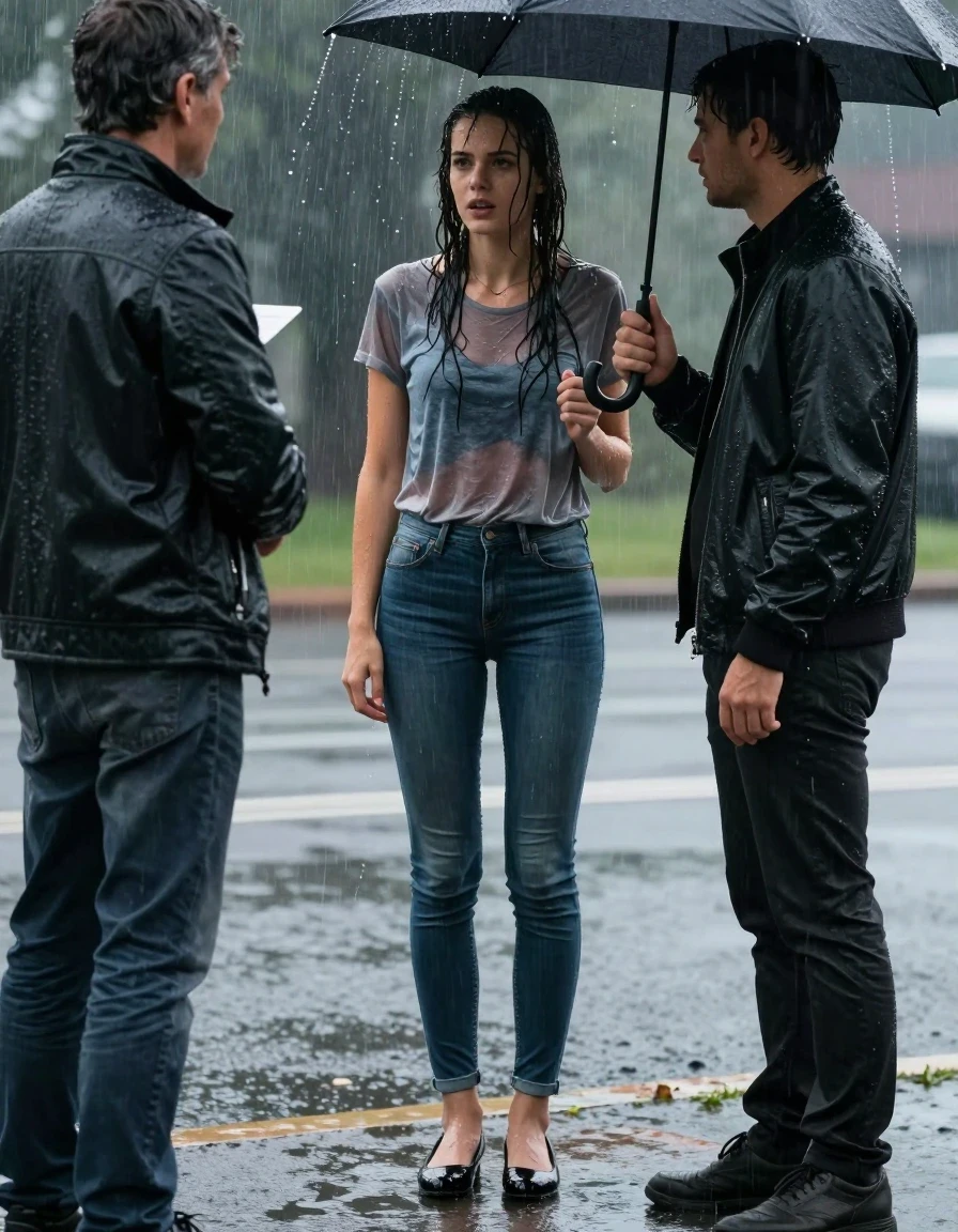 photo of young woman, in soaking wet, drenched clothes,
Black Flats, light Pantyhose, Long skinny jeans, T-Shirt, , 
enjoying, wet clothes stuck to body,
detailed textures of the wet clothes, wet face, wet plastered hair,
wet, drenched, professional, high-quality details, full body view.
sharp focus, ultra-high pixel detail, realistic, high-quality, full colors, incredibly detailed, 4k, 8k, 16k, hyper-realistic, RAW photo, masterpiece, ultra-detailed, professionally color graded, professional photograph, young, very slender female reporter is standing in very heavy Rainstorm. She is interviewing a man standing under an umbrella. She is completely soaked from head to toe, with water streaming down her entire body. Her clothes are clinging to her. The girl is not carrying an umbrella., wet skin, wet clothes, damp fabric