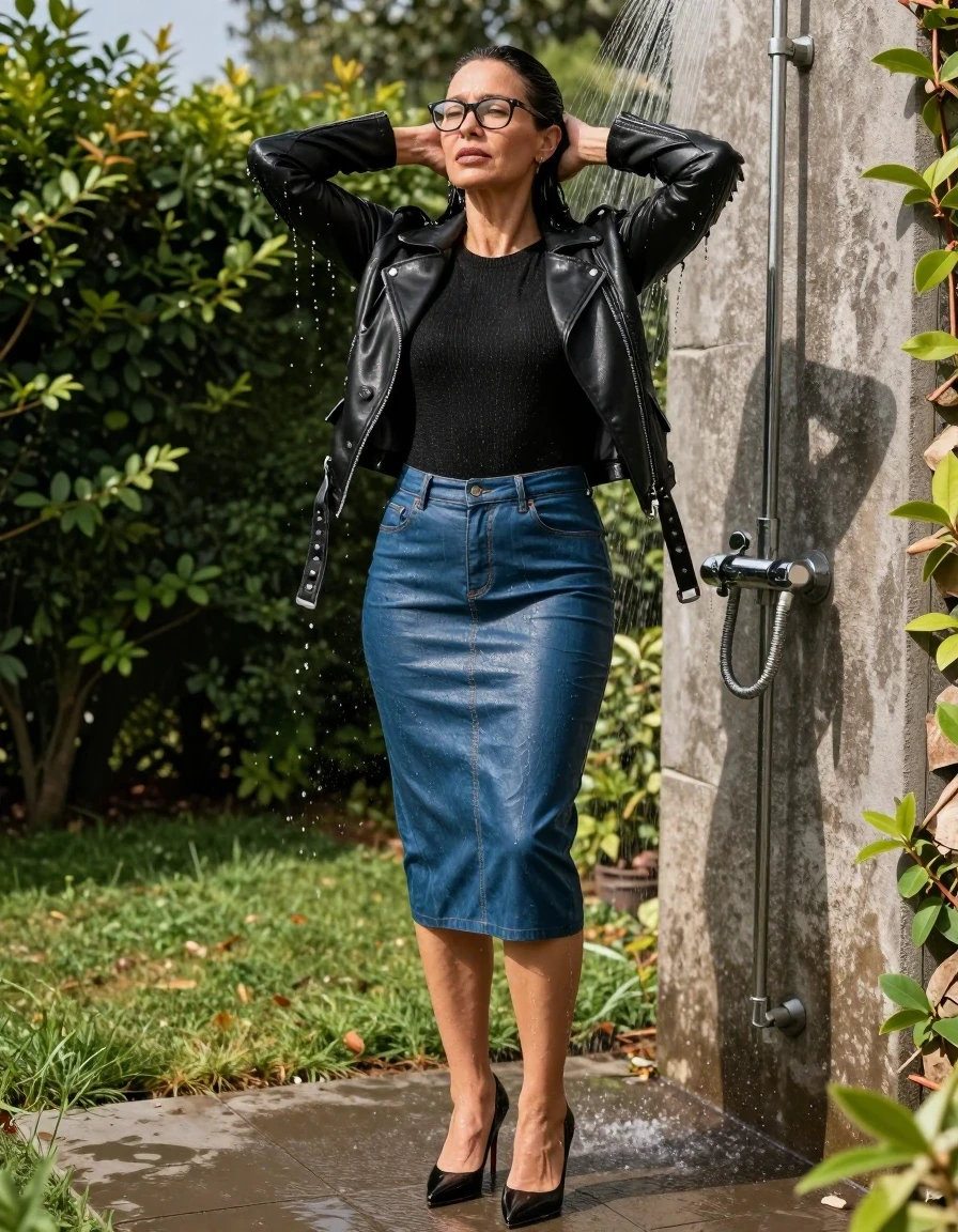 photo of young woman, in soaking wet, drenched clothes,
stlletto shoes, long blue leather denim skirt, black sweater with long sleeves, black byker leather jacket, takin shower in sunny garden, enjoying wet clothes stuck body, enjoying, wet clothes stuck to body, 
enjoying, wet clothes stuck to body,
detailed textures of the wet clothes, wet face, wet plastered hair,
wet, drenched, professional, high-quality details, full body view.
sharp focus, ultra-high pixel detail, realistic, high-quality, full colors, incredibly detailed, 4k, 8k, 16k, hyper-realistic, RAW photo, masterpiece, ultra-detailed, professionally color graded, professional photograph, europen brunette skinny woman 50 years old, long dark black hair, very big and thick lips,  office glasses, complete body, wet skin, wet clothes, damp fabric, wet skin, wet clothes, damp fabric, wet skin, wet clothes, damp fabric, wet skin, wet clothes, damp fabric, wet skin, wet clothes, damp fabric
