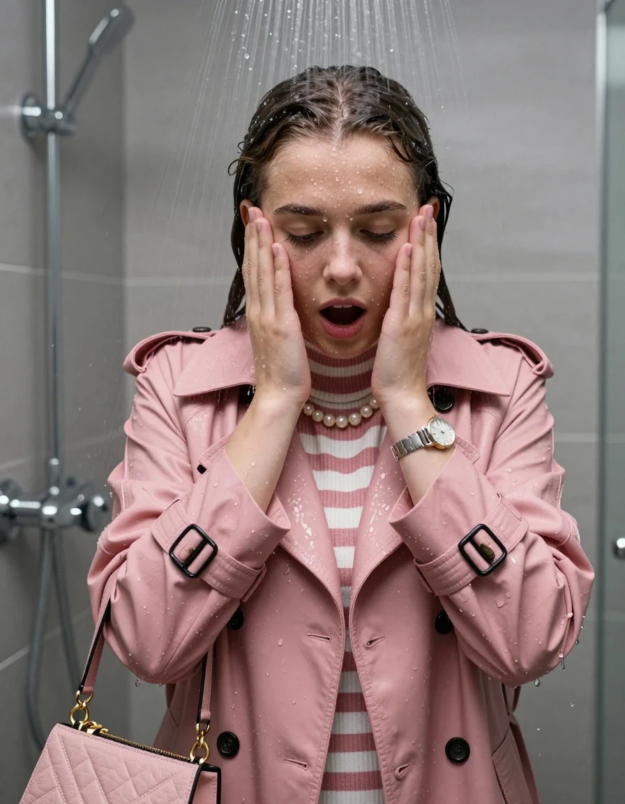 photo of young woman, in soaking wet, drenched clothes,
, , Pink woolen winter Trenchcoat, tight striped knit turtleneck sweater belly free, handbag, pearl necklace, bracelet, wristwatch, Under the shower, strong jet of water, modern mirrored bathroom, 
enjoying, wet clothes stuck to body,
detailed textures of the wet clothes, wet face, wet plastered hair,
wet, drenched, professional, high-quality details, full body view.
sharp focus, ultra-high pixel detail, realistic, high-quality, full colors, incredibly detailed, 4k, 8k, 16k, hyper-realistic, RAW photo, masterpiece, ultra-detailed, professionally color graded, professional photograph, Two pigtails

15 years old  teenage girl

Only head and shoulders are over the surface visible. Open mouth, closed eyes. Looking down. Hold her hands over her face.

she is completely underwater up to her neck, afraid and astonished expression. 

her submerged clothes are hardly vusible under water, she soaked her handbag into the water

close up view, wet skin, wet clothes, wet hair, damp fabric, water runs down the clothes, wet skin, wet clothes, damp fabric., wet skin, wet clothes, damp fabric, wet skin, wet clothes, damp fabric, wet skin, wet clothes, damp fabric