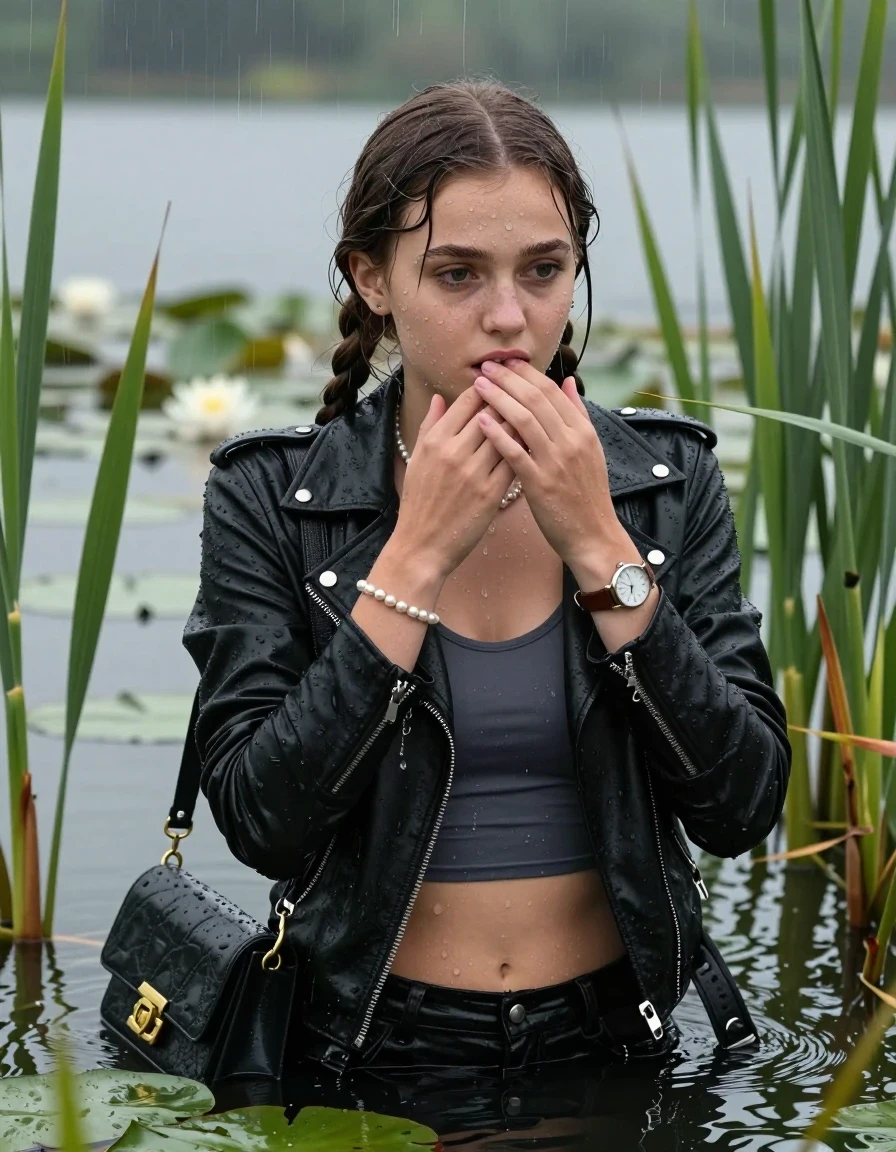 photo of young woman, in soaking wet, drenched clothes,
, , Black biker leatherjacket, tight sexy tshirt with wide neckline belly free, handbag, pearl necklace, bracelet, wristwatch , Emerging after diving in a lake with water lilies and reeds, rain , 
enjoying, wet clothes stuck to body,
detailed textures of the wet clothes, wet face, wet plastered hair,
wet, drenched, professional, high-quality details, full body view.
sharp focus, ultra-high pixel detail, realistic, high-quality, full colors, incredibly detailed, 4k, 8k, 16k, hyper-realistic, RAW photo, masterpiece, ultra-detailed, professionally color graded, professional photograph, Pigtails

15 years old  teenage girl

Laying her breast on the surface.  Looking slightly away. Hold her hands on her mouth.

she is completely underwater up to her neck, afraid and astonished expression. 

She hides in the reeds and is surprised by spectators

her submerged clothes are hardly vusible under water, she soaked her handbag into the water

close up view, wet skin, wet clothes, wet hair, damp fabric, water runs down the clothes, wet skin, wet clothes, damp fabric., wet skin, wet clothes, damp fabric, wet skin, wet clothes, damp fabric