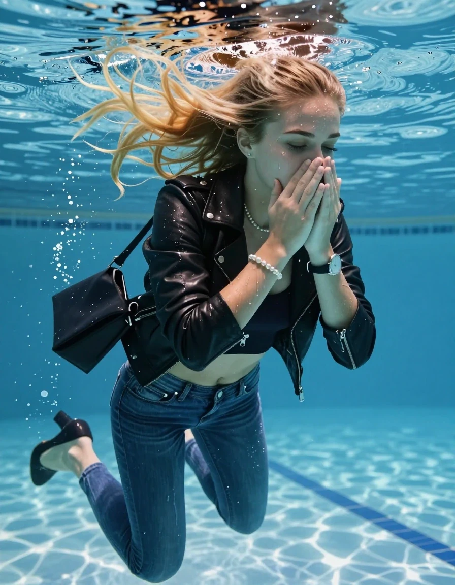 photo of young woman, in soaking wet, drenched clothes,
Heels, Completely soaked tight skinny jeans, Black biker leatherjacket, tight sexy tshirt with wide neckline belly free, shoulderbag, pearl necklace, bracelet, wristwatch , Swimming half submerged underwater in swimming pool , 
enjoying, wet clothes stuck to body,
detailed textures of the wet clothes, wet face, wet plastered hair,
wet, drenched, professional, high-quality details, full body view.
sharp focus, ultra-high pixel detail, realistic, high-quality, full colors, incredibly detailed, 4k, 8k, 16k, hyper-realistic, RAW photo, masterpiece, ultra-detailed, professionally color graded, professional photograph, Blonde sleek long ponytail with bangs

15 years old  teenage girl

Covers her nose with her hands. Looking slightly away. Open mouth, closed eyes.

she is completely underwater up to her neck, afraid and astonished expression. 

Swimming movements with Arms and legs. Breast swimming.

her submerged clothes are hardly vusible under water, she soaked her handbag into the water

close up view, wet skin, wet clothes, wet hair, damp fabric, water runs down the clothes, wet skin, wet clothes, damp fabric, wet skin, wet clothes, damp fabric, wet skin, wet clothes, damp fabric, wet skin, wet clothes, damp fabric, wet skin, wet clothes, damp fabric, wet skin, wet clothes, damp fabric, wet skin, wet clothes, damp fabric, wet skin, wet clothes, damp fabric, wet skin, wet clothes, damp fabric, wet skin, wet clothes, damp fabric, wet skin, wet clothes, damp fabric, wet skin, wet clothes, damp fabric, wet skin, wet clothes, damp fabric, wet skin, wet clothes, damp fabric, wet skin, wet clothes, damp fabric, wet skin, wet clothes, damp fabric, wet skin, wet clothes, damp fabric, wet skin, wet clothes, damp fabric, wet skin, wet clothes, damp fabric, wet skin, wet clothes, damp fabric, wet skin, wet clothes, damp fabric