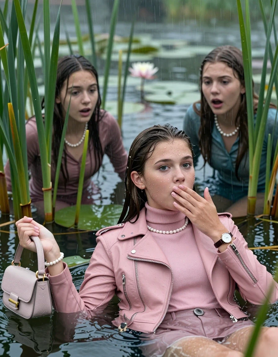 photo of young woman, in soaking wet, drenched clothes,
, , Light pink biker leatherjacket, tight turtleneck sweater with wide neckline belly free, handbag, pearl necklace, bracelet, wristwatch , Two 15-years-old teenage girls Emerging after diving in a lake with water lilies and reeds, rain , 
enjoying, wet clothes stuck to body,
detailed textures of the wet clothes, wet face, wet plastered hair,
wet, drenched, professional, high-quality details, full body view.
sharp focus, ultra-high pixel detail, realistic, high-quality, full colors, incredibly detailed, 4k, 8k, 16k, hyper-realistic, RAW photo, masterpiece, ultra-detailed, professionally color graded, professional photograph, Sleek long straight hair

15 years old  teenage girl

Laying her breast on the surface.  Looking slightly away. Hold her hand on her mouth. Open mouth, big eyes.

she is completely underwater up to her neck, afraid and astonished expression. 

The girls wear different clothes.

She hides in the reeds and is surprised by spectators

her submerged clothes are hardly vusible under water, she soaked her handbag into the water

close up view, wet skin, wet clothes, wet hair, damp fabric, water runs down the clothes, wet skin, wet clothes, damp fabric., wet skin, wet clothes, damp fabric, wet skin, wet clothes, damp fabric