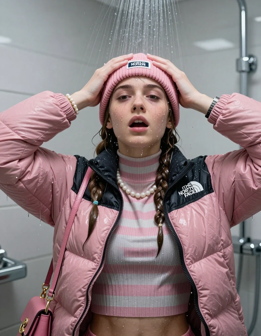 photo of young woman, in soaking wet, drenched clothes,
, , Pink North face puffer down jacket, tight striped knit turtleneck sweater belly free, handbag, pearl necklace, bracelet, wristwatch, pink knitted north face hat, Under the shower, strong jet of water, modern mirrored bathroom, 
enjoying, wet clothes stuck to body,
detailed textures of the wet clothes, wet face, wet plastered hair,
wet, drenched, professional, high-quality details, full body view.
sharp focus, ultra-high pixel detail, realistic, high-quality, full colors, incredibly detailed, 4k, 8k, 16k, hyper-realistic, RAW photo, masterpiece, ultra-detailed, professionally color graded, professional photograph, Two pigtails

15 years old  teenage girl

Only head and shoulders are over the surface visible. Open mouth, half closed eyes. Looking up. Hold her hands over her forehead.

she is completely underwater up to her neck, afraid and astonished expression. 

her submerged clothes are hardly vusible under water, she soaked her handbag into the water

close up view, wet skin, wet clothes, wet hair, damp fabric, water runs down the clothes, wet skin, wet clothes, damp fabric., wet skin, wet clothes, damp fabric, wet skin, wet clothes, damp fabric, wet skin, wet clothes, damp fabric