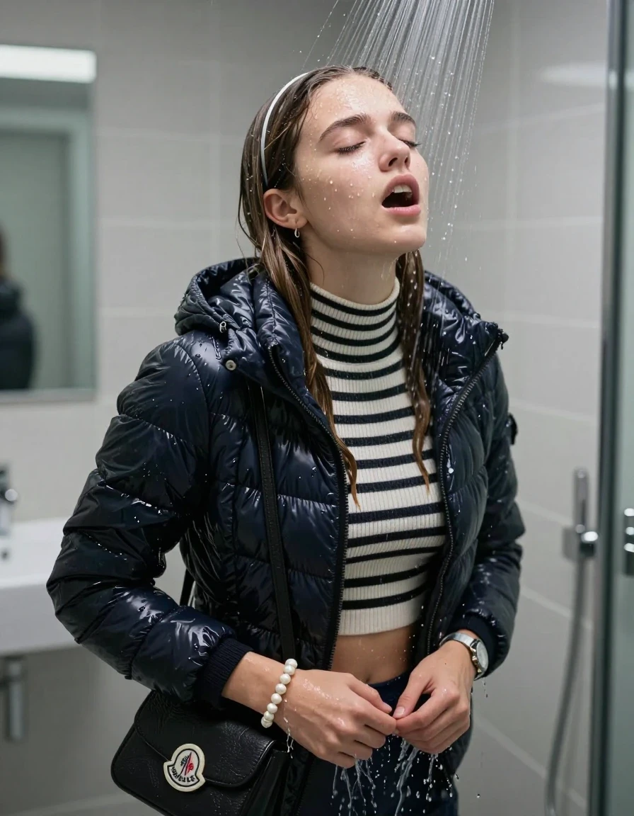 photo of young woman, in soaking wet, drenched clothes,
, , Moncler shiny puffer down jacket, tight striped knit turtleneck sweater belly free, handbag, pearl necklace, bracelet, wristwatch , Under the shower, strong jet of water, modern mirrored bathroom, 
enjoying, wet clothes stuck to body,
detailed textures of the wet clothes, wet face, wet plastered hair,
wet, drenched, professional, high-quality details, full body view.
sharp focus, ultra-high pixel detail, realistic, high-quality, full colors, incredibly detailed, 4k, 8k, 16k, hyper-realistic, RAW photo, masterpiece, ultra-detailed, professionally color graded, professional photograph, Sleek long straight hair with hairband

15 years old  teenage girl

Only head and shoulders are over the surface visible. Open mouth, closed eyes. Looking up.

she is completely underwater up to her neck, afraid and astonished expression. 

her submerged clothes are hardly vusible under water, she soaked her handbag into the water

close up view, wet skin, wet clothes, wet hair, damp fabric, water runs down the clothes, wet skin, wet clothes, damp fabric., wet skin, wet clothes, damp fabric, wet skin, wet clothes, damp fabric, wet skin, wet clothes, damp fabric