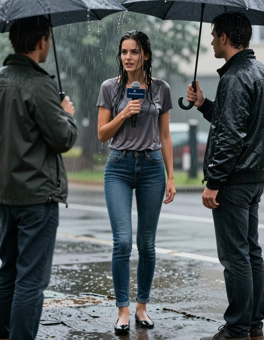 photo of young woman, in soaking wet, drenched clothes,
Black Flats, light Pantyhose, Long skinny jeans, T-Shirt, , 
enjoying, wet clothes stuck to body,
detailed textures of the wet clothes, wet face, wet plastered hair,
wet, drenched, professional, high-quality details, full body view.
sharp focus, ultra-high pixel detail, realistic, high-quality, full colors, incredibly detailed, 4k, 8k, 16k, hyper-realistic, RAW photo, masterpiece, ultra-detailed, professionally color graded, professional photograph, young, very slender female reporter is standing in very heavy Rainstorm. She is interviewing a man standing under an umbrella. She is completely soaked from head to toe, with water streaming down her entire body. Her clothes are clinging to her., wet skin, wet clothes, damp fabric