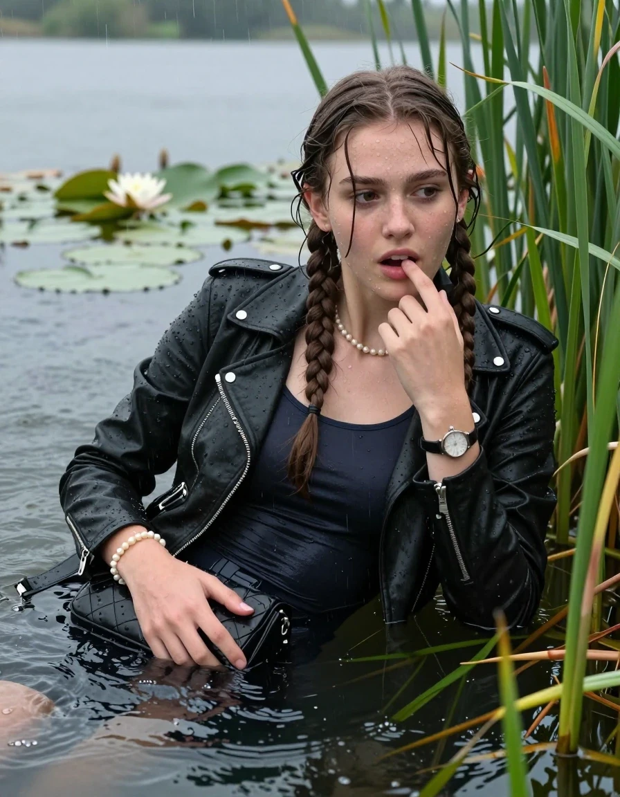 photo of young woman, in soaking wet, drenched clothes,
, , Black biker leatherjacket, tight sexy tshirt with wide neckline belly free, handbag, pearl necklace, bracelet, wristwatch , Emerging after diving in a lake with water lilies and reeds, rain , 
enjoying, wet clothes stuck to body,
detailed textures of the wet clothes, wet face, wet plastered hair,
wet, drenched, professional, high-quality details, full body view.
sharp focus, ultra-high pixel detail, realistic, high-quality, full colors, incredibly detailed, 4k, 8k, 16k, hyper-realistic, RAW photo, masterpiece, ultra-detailed, professionally color graded, professional photograph, Two long braids

15 years old  teenage girl

Laying her breast on the surface.  Looking slightly away. Puts a finger in the mouth.

she is completely underwater up to her neck, afraid and astonished expression. 

She hides in the reeds and is surprised by spectators

her submerged clothes are hardly vusible under water, she soaked her handbag into the water

close up view, wet skin, wet clothes, wet hair, damp fabric, water runs down the clothes, wet skin, wet clothes, damp fabric, wet skin, wet clothes, damp fabric, wet skin, wet clothes, damp fabric, wet skin, wet clothes, damp fabric, wet skin, wet clothes, damp fabric, wet skin, wet clothes, damp fabric, wet skin, wet clothes, damp fabric, wet skin, wet clothes, damp fabric, wet skin, wet clothes, damp fabric, wet skin, wet clothes, damp fabric, wet skin, wet clothes, damp fabric, wet skin, wet clothes, damp fabric, wet skin, wet clothes, damp fabric, wet skin, wet clothes, damp fabric, wet skin, wet clothes, damp fabric, wet skin, wet clothes, damp fabric, wet skin, wet clothes, damp fabric, wet skin, wet clothes, damp fabric, wet skin, wet clothes, damp fabric, wet skin, wet clothes, damp fabric, wet skin, wet clothes, damp fabric