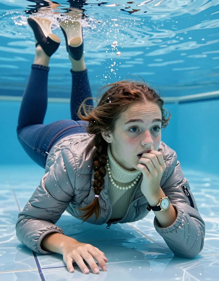 photo of young woman, in soaking wet, drenched clothes,
Heels, Completely soaked tight skinny jeans, Moncler shiny puffer down jacket, tight knit turtleneck sweater, handbag, pearl necklace, bracelet, wristwatch , Swimming underwater in swimming pool , 
enjoying, wet clothes stuck to body,
detailed textures of the wet clothes, wet face, wet plastered hair,
wet, drenched, professional, high-quality details, full body view.
sharp focus, ultra-high pixel detail, realistic, high-quality, full colors, incredibly detailed, 4k, 8k, 16k, hyper-realistic, RAW photo, masterpiece, ultra-detailed, professionally color graded, professional photograph, Two long braids

15 years old  teenage girl

Laying her breast on the surface.  Looking slightly away. Hold her hand on mouth.

she is completely underwater up to her neck, afraid and astonished expression. 

her submerged clothes are hardly vusible under water, she soaked her handbag into the water

close up view, wet skin, wet clothes, wet hair, damp fabric, water runs down the clothes, wet skin, wet clothes, damp fabric, wet skin, wet clothes, damp fabric, wet skin, wet clothes, damp fabric, wet skin, wet clothes, damp fabric, wet skin, wet clothes, damp fabric, wet skin, wet clothes, damp fabric, wet skin, wet clothes, damp fabric, wet skin, wet clothes, damp fabric, wet skin, wet clothes, damp fabric, wet skin, wet clothes, damp fabric, wet skin, wet clothes, damp fabric, wet skin, wet clothes, damp fabric, wet skin, wet clothes, damp fabric, wet skin, wet clothes, damp fabric, wet skin, wet clothes, damp fabric, wet skin, wet clothes, damp fabric, wet skin, wet clothes, damp fabric, wet skin, wet clothes, damp fabric, wet skin, wet clothes, damp fabric