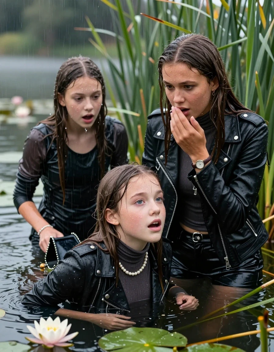 photo of young woman, in soaking wet, drenched clothes,
, , Black biker leatherjacket, tight turtleneck sweater with wide neckline belly free, handbag, pearl necklace, bracelet, wristwatch , Two 15-years-old teenage girls Emerging after diving in a lake with water lilies and reeds, rain , 
enjoying, wet clothes stuck to body,
detailed textures of the wet clothes, wet face, wet plastered hair,
wet, drenched, professional, high-quality details, full body view.
sharp focus, ultra-high pixel detail, realistic, high-quality, full colors, incredibly detailed, 4k, 8k, 16k, hyper-realistic, RAW photo, masterpiece, ultra-detailed, professionally color graded, professional photograph, Sleek long straight hair

15 years old  teenage girl

Laying her breast on the surface.  Looking slightly away. Hold her hand on her mouth. Open mouth, big eyes.

she is completely underwater up to her neck, afraid and astonished expression. 

The girls wear different clothes.

She hides in the reeds and is surprised by spectators

her submerged clothes are hardly vusible under water, she soaked her handbag into the water

close up view, wet skin, wet clothes, wet hair, damp fabric, water runs down the clothes, wet skin, wet clothes, damp fabric., wet skin, wet clothes, damp fabric, wet skin, wet clothes, damp fabric