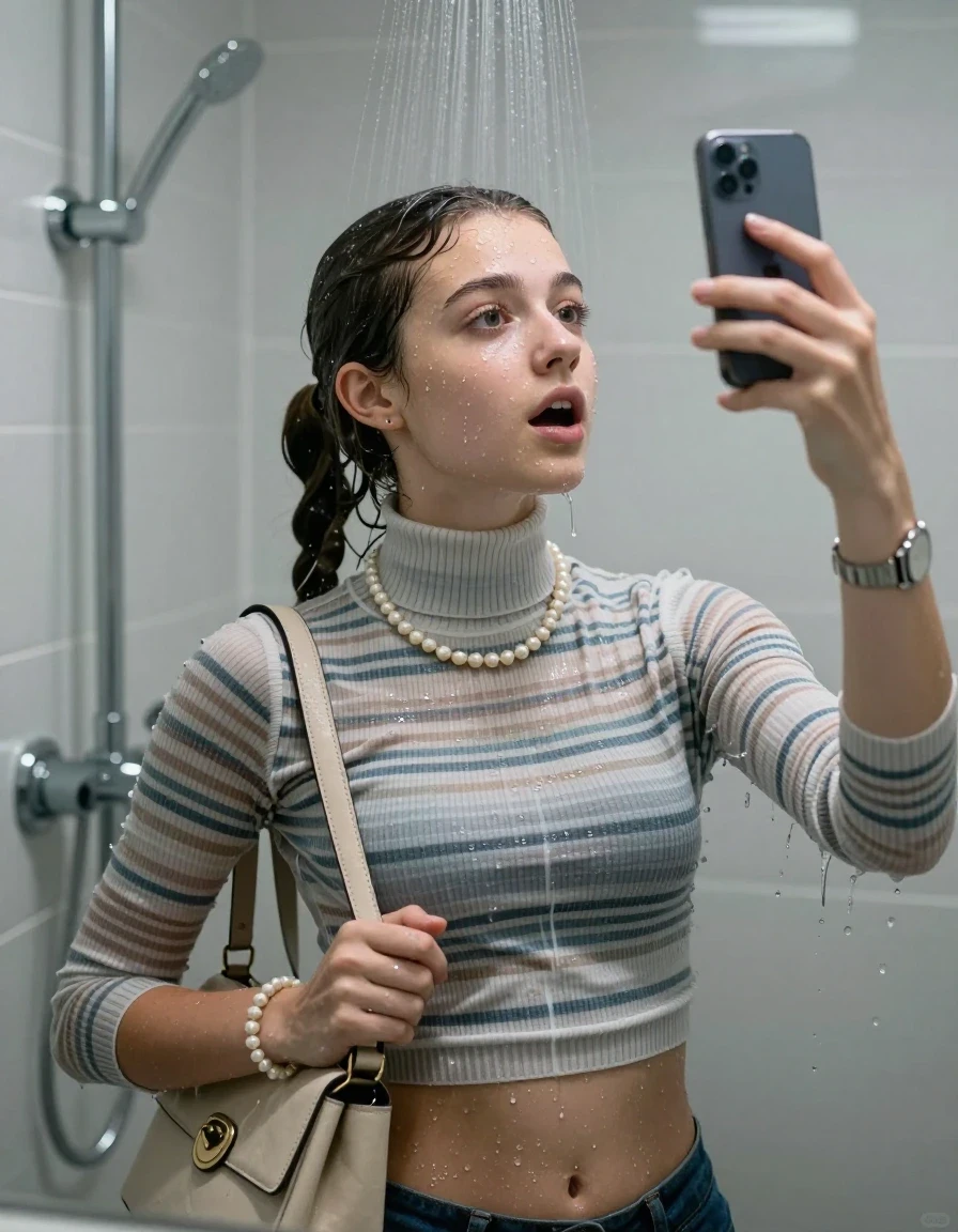 photo of young woman, in soaking wet, drenched clothes,
, ,  tight striped knit turtleneck sweater belly free, handbag, pearl necklace, bracelet, wristwatch, Under the shower, strong jet of water, modern mirrored bathroom, 
enjoying, wet clothes stuck to body,
detailed textures of the wet clothes, wet face, wet plastered hair,
wet, drenched, professional, high-quality details, full body view.
sharp focus, ultra-high pixel detail, realistic, high-quality, full colors, incredibly detailed, 4k, 8k, 16k, hyper-realistic, RAW photo, masterpiece, ultra-detailed, professionally color graded, professional photograph, Two pigtails

15 years old  teenage girl

Only head and shoulders are over the surface visible. Open mouth, half closed eyes. Looking up. Take a Selfie with her smartphone.

she is completely underwater up to her neck, afraid and astonished expression. 

her submerged clothes are hardly vusible under water, she soaked her handbag into the water

close up view, wet skin, wet clothes, wet hair, damp fabric, water runs down the clothes, wet skin, wet clothes, damp fabric., wet skin, wet clothes, damp fabric, wet skin, wet clothes, damp fabric, wet skin, wet clothes, damp fabric, wet skin, wet clothes, damp fabric
