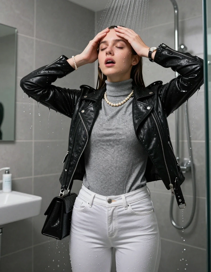 photo of young woman, in soaking wet, drenched clothes,
, Totaly wet tight white skinny jeans, Black biker leatherjacket, tight grey knit turtleneck sweater belly free, handbag, pearl necklace, bracelet, wristwatch , Under the shower, strong jet of water, modern mirrored bathroom, 
enjoying, wet clothes stuck to body,
detailed textures of the wet clothes, wet face, wet plastered hair,
wet, drenched, professional, high-quality details, full body view.
sharp focus, ultra-high pixel detail, realistic, high-quality, full colors, incredibly detailed, 4k, 8k, 16k, hyper-realistic, RAW photo, masterpiece, ultra-detailed, professionally color graded, professional photograph, Sleek long straight hair with hairband

15 years old  teenage girl

Only head and shoulders are over the surface visible. Hold her hands over her forehead. Open mouth, closed eyes. Looking up.

she is completely underwater up to her neck, afraid and astonished expression. 

her submerged clothes are hardly vusible under water, she soaked her handbag into the water

close up view, wet skin, wet clothes, wet hair, damp fabric, water runs down the clothes, wet skin, wet clothes, damp fabric., wet skin, wet clothes, damp fabric, wet skin, wet clothes, damp fabric