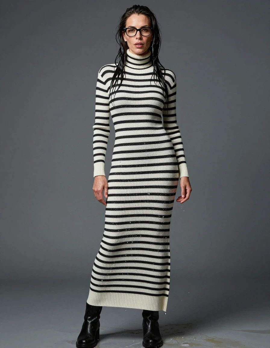 photo of young woman, in soaking wet, drenched clothes,
boots, maxi white & black striped high-neck sweater dress with long sleeves, maxi white & black striped high-neck sweater dress with long sleeves, enjoying wet clothes stuck body, enjoying, wet clothes stuck to body, 
enjoying, wet clothes stuck to body,
detailed textures of the wet clothes, wet face, wet plastered hair,
wet, drenched, professional, high-quality details, full body view.
sharp focus, ultra-high pixel detail, realistic, high-quality, full colors, incredibly detailed, 4k, 8k, 16k, hyper-realistic, RAW photo, masterpiece, ultra-detailed, professionally color graded, professional photograph, europen brunette skinny woman 50 years old, long dark black hair, very big and thick lips,  office glasses, complete body, wet skin, wet clothes, damp fabric, wet skin, wet clothes, damp fabric, wet skin, wet clothes, damp fabric, wet skin, wet clothes, damp fabric, wet skin, wet clothes, damp fabric
