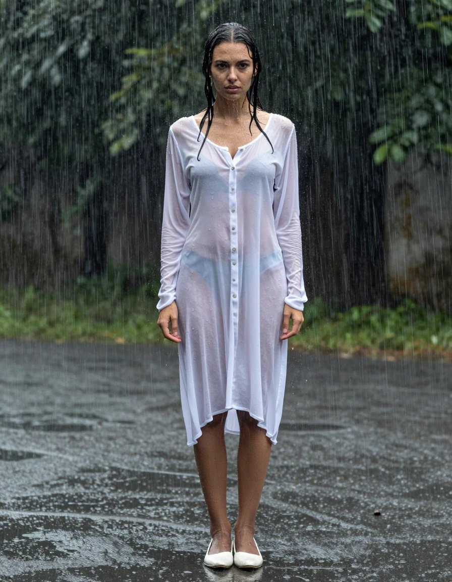 photo of young woman, in soaking wet, drenched clothes,
White Flats, brown Pantyhose,  , long white sheer summer dress, , 
enjoying, wet clothes stuck to body,
detailed textures of the wet clothes, wet face, wet plastered hair,
wet, drenched, professional, high-quality details, full body view.
sharp focus, ultra-high pixel detail, realistic, high-quality, full colors, incredibly detailed, 4k, 8k, 16k, hyper-realistic, RAW photo, masterpiece, ultra-detailed, professionally color graded, professional photograph, Extremely slender girl is standing in very heavy Rainstorm. She is completely soaked from head to toe. Water runs over her body, and the dress clings to her., wet skin, wet clothes, damp fabric