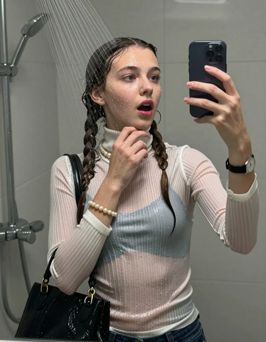 photo of young woman, in soaking wet, drenched clothes,
, ,  tight striped knit turtleneck sweater belly free, handbag, pearl necklace, bracelet, wristwatch, Under the shower, strong jet of water, modern mirrored bathroom, 
enjoying, wet clothes stuck to body,
detailed textures of the wet clothes, wet face, wet plastered hair,
wet, drenched, professional, high-quality details, full body view.
sharp focus, ultra-high pixel detail, realistic, high-quality, full colors, incredibly detailed, 4k, 8k, 16k, hyper-realistic, RAW photo, masterpiece, ultra-detailed, professionally color graded, professional photograph, Two pigtails

15 years old  teenage girl

Only head and shoulders are over the surface visible. Open mouth, half closed eyes. Looking up. Take a Selfie with her smartphone. One Hand on her chin.

she is completely underwater up to her neck, afraid and astonished expression. 

her submerged clothes are hardly vusible under water, she soaked her handbag into the water

close up view, wet skin, wet clothes, wet hair, damp fabric, water runs down the clothes, wet skin, wet clothes, damp fabric., wet skin, wet clothes, damp fabric, wet skin, wet clothes, damp fabric, wet skin, wet clothes, damp fabric, wet skin, wet clothes, damp fabric