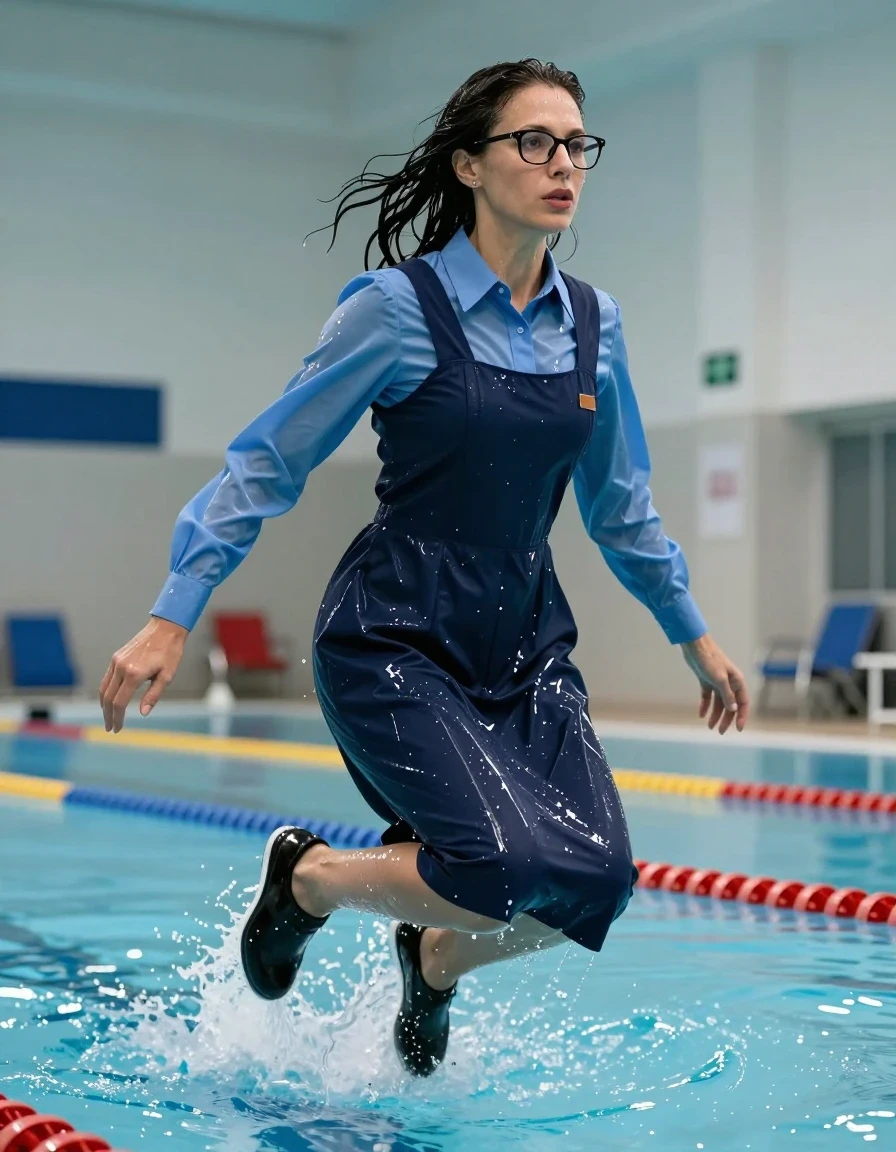 photo of young woman, in soaking wet, drenched clothes,
shoes, school uniform with maxi tight dark blue school pinafore and blue shirt with long sleeves, school uniform with maxi tight dark blue school pinafore and blue shirt with long sleeves, jump in indoor swimming pool, enjoying wet clothes stuck body, enjoying, wet clothes stuck to body, 
enjoying, wet clothes stuck to body,
detailed textures of the wet clothes, wet face, wet plastered hair,
wet, drenched, professional, high-quality details, full body view.
sharp focus, ultra-high pixel detail, realistic, high-quality, full colors, incredibly detailed, 4k, 8k, 16k, hyper-realistic, RAW photo, masterpiece, ultra-detailed, professionally color graded, professional photograph, europen brunette skinny woman 50 years old, long dark black hair, very big and thick lips,  office glasses, complete body, wet skin, wet clothes, damp fabric, wet skin, wet clothes, damp fabric, wet skin, wet clothes, damp fabric, wet skin, wet clothes, damp fabric, wet skin, wet clothes, damp fabric