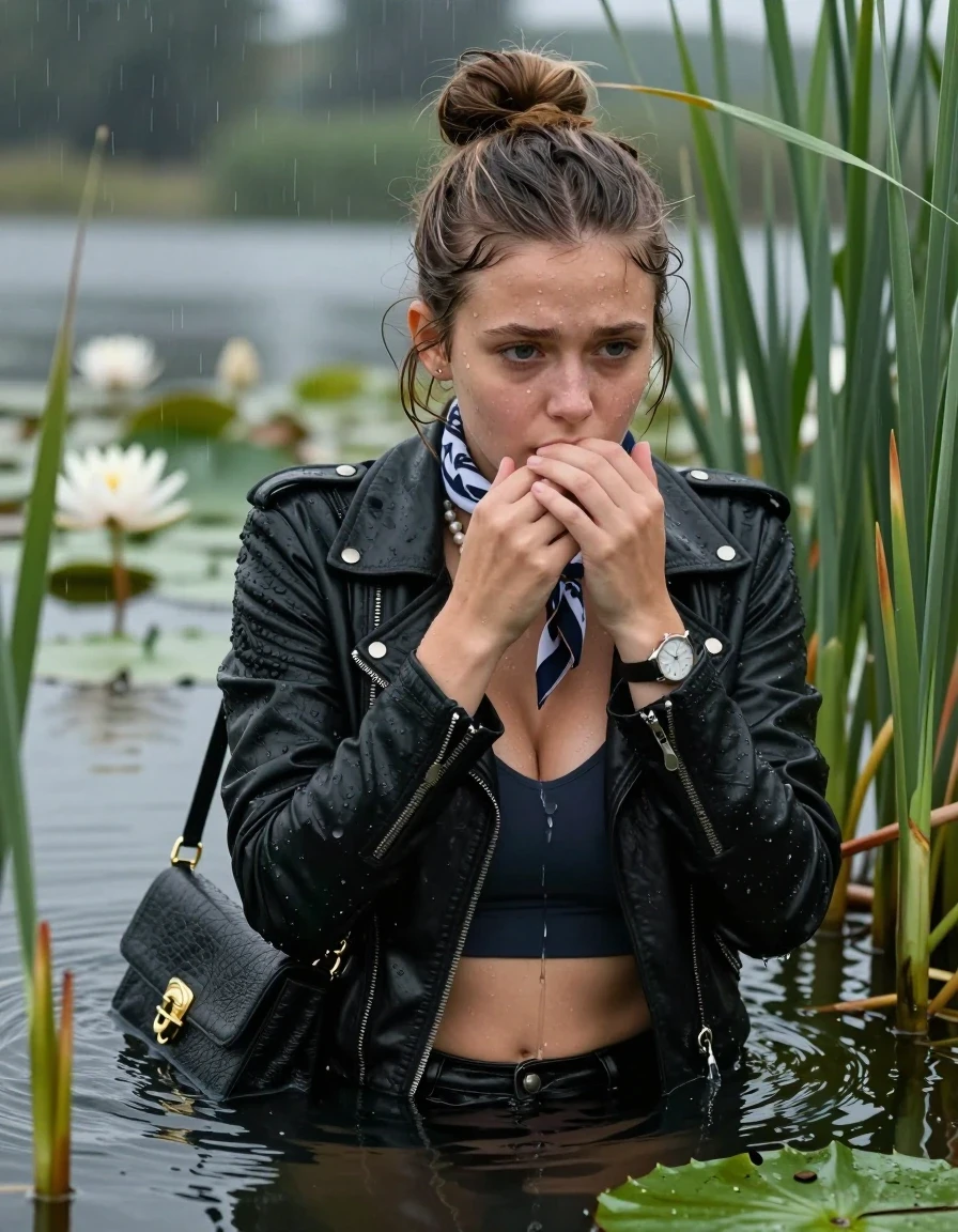 photo of young woman, in soaking wet, drenched clothes,
, , Black biker leatherjacket, tight sexy tshirt with wide neckline belly free, handbag, pearl necklace, bracelet, wristwatch , scarf, Emerging after diving in a lake with water lilies and reeds, rain , 
enjoying, wet clothes stuck to body,
detailed textures of the wet clothes, wet face, wet plastered hair,
wet, drenched, professional, high-quality details, full body view.
sharp focus, ultra-high pixel detail, realistic, high-quality, full colors, incredibly detailed, 4k, 8k, 16k, hyper-realistic, RAW photo, masterpiece, ultra-detailed, professionally color graded, professional photograph, Topknot

15 years old  teenage girl

Laying her breast on the surface.  Looking slightly away. Hold her hands on her mouth.

she is completely underwater up to her neck, afraid and astonished expression. 

She hides in the reeds and is surprised by spectators

her submerged clothes are hardly vusible under water, she soaked her handbag into the water

close up view, wet skin, wet clothes, wet hair, damp fabric, water runs down the clothes, wet skin, wet clothes, damp fabric., wet skin, wet clothes, damp fabric