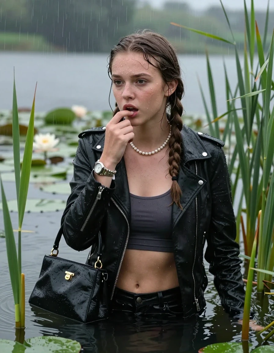 photo of young woman, in soaking wet, drenched clothes,
, , Black biker leatherjacket, tight sexy tshirt with wide neckline belly free, handbag, pearl necklace, bracelet, wristwatch , Submerging under water in a lake with water lilies and reeds, rain , 
enjoying, wet clothes stuck to body,
detailed textures of the wet clothes, wet face, wet plastered hair,
wet, drenched, professional, high-quality details, full body view.
sharp focus, ultra-high pixel detail, realistic, high-quality, full colors, incredibly detailed, 4k, 8k, 16k, hyper-realistic, RAW photo, masterpiece, ultra-detailed, professionally color graded, professional photograph, Two long braids

15 years old  teenage girl

Only head and shoulders are over the surface visible. Looking slightly away. Puts a finger in the mouth.

she is completely underwater up to her neck, afraid and astonished expression. 

She hides in the reeds and is surprised by spectators

her submerged clothes are hardly vusible under water, she soaked her handbag into the water

close up view, wet skin, wet clothes, wet hair, damp fabric, water runs down the clothes, wet skin, wet clothes, damp fabric., wet skin, wet clothes, damp fabric
