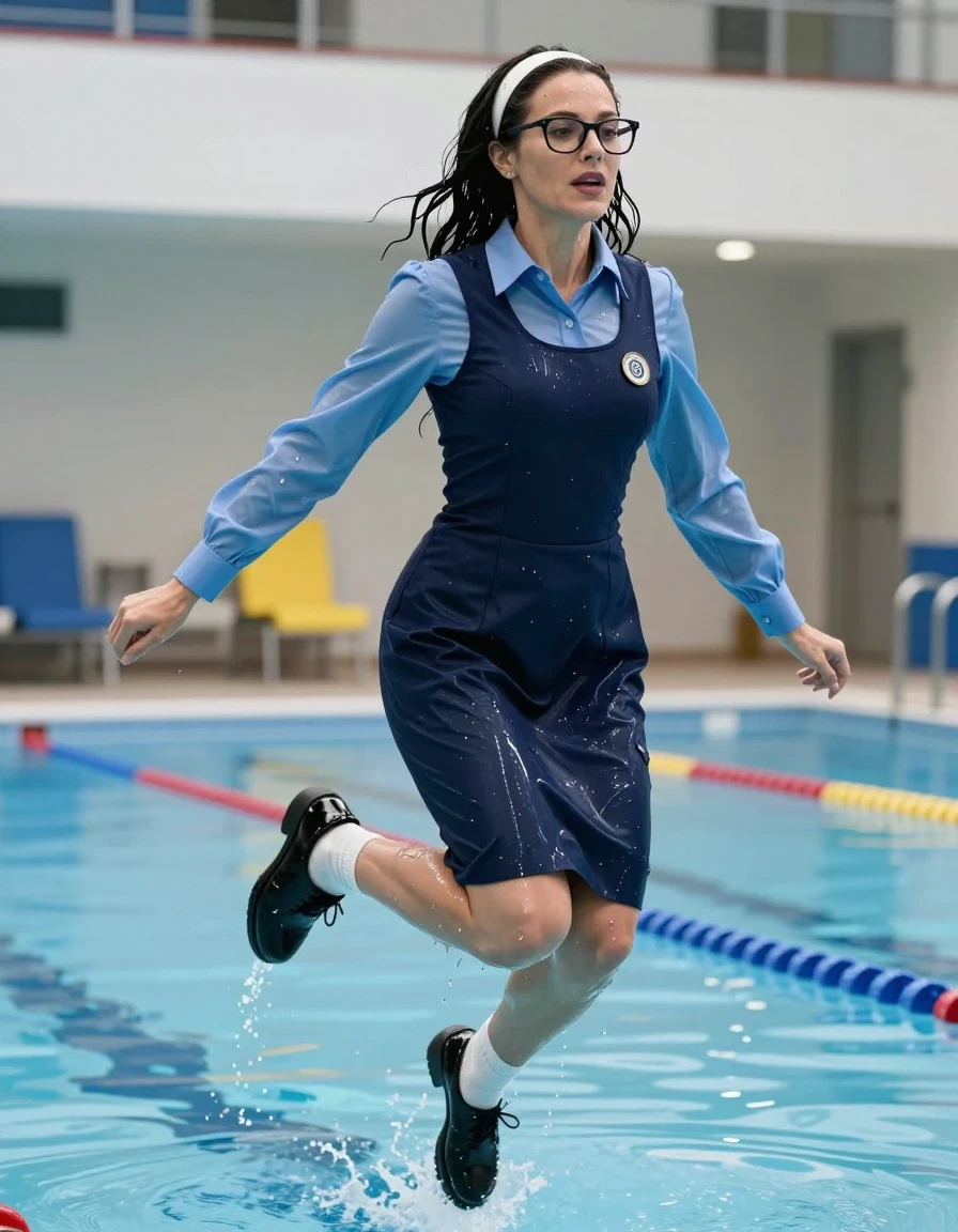 photo of young woman, in soaking wet, drenched clothes,
black shoes, white socks, school uniform with maxi dark blue school tight dress with two pockets and blue shirt with long sleeves, school uniform with maxi dark blue school tight dress with two pockets and blue shirt with long sleeves, jumping in swimming school pool, enjoying wet clothes stuck body, enjoying, wet clothes stuck to body, 
enjoying, wet clothes stuck to body,
detailed textures of the wet clothes, wet face, wet plastered hair,
wet, drenched, professional, high-quality details, full body view.
sharp focus, ultra-high pixel detail, realistic, high-quality, full colors, incredibly detailed, 4k, 8k, 16k, hyper-realistic, RAW photo, masterpiece, ultra-detailed, professionally color graded, professional photograph, europen brunette skinny woman 50 years old, long dark black hair, very big and thick lips,  office glasses, white headband, complete body, wet skin, wet clothes, damp fabric, wet skin, wet clothes, damp fabric, wet skin, wet clothes, damp fabric, wet skin, wet clothes, damp fabric, wet skin, wet clothes, damp fabric