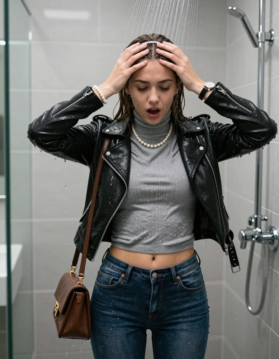 photo of young woman, in soaking wet, drenched clothes,
, Totaly wet tight skinny jeans, Black biker leatherjacket, tight grey knit turtleneck sweater belly free, handbag, pearl necklace, bracelet, wristwatch , Under the shower, strong jet of water, modern mirrored bathroom, 
enjoying, wet clothes stuck to body,
detailed textures of the wet clothes, wet face, wet plastered hair,
wet, drenched, professional, high-quality details, full body view.
sharp focus, ultra-high pixel detail, realistic, high-quality, full colors, incredibly detailed, 4k, 8k, 16k, hyper-realistic, RAW photo, masterpiece, ultra-detailed, professionally color graded, professional photograph, Sleek long straight hair with hairband

15 years old  teenage girl

Only head and shoulders are over the surface visible. Hold her hands over her forehead. Open mouth, closed eyes. Looking down.

she is completely underwater up to her neck, afraid and astonished expression. 

her submerged clothes are hardly vusible under water, she soaked her handbag into the water

close up view, wet skin, wet clothes, wet hair, damp fabric, water runs down the clothes, wet skin, wet clothes, damp fabric., wet skin, wet clothes, damp fabric, wet skin, wet clothes, damp fabric