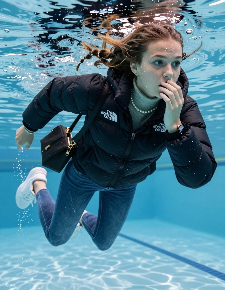 photo of young woman, in soaking wet, drenched clothes,
White sneakers , Completely soaked tight skinny jeans,  North face black puffer down jacket, tight knit turtleneck sweater, shoulderbag, pearl necklace, bracelet, wristwatch , Swimming half submerged underwater in swimming pool , 
enjoying, wet clothes stuck to body,
detailed textures of the wet clothes, wet face, wet plastered hair,
wet, drenched, professional, high-quality details, full body view.
sharp focus, ultra-high pixel detail, realistic, high-quality, full colors, incredibly detailed, 4k, 8k, 16k, hyper-realistic, RAW photo, masterpiece, ultra-detailed, professionally color graded, professional photograph, Two sleek long braids

15 years old  teenage girl

Hold her hand on her mouth. Looking slightly away. 

she is completely underwater up to her neck, afraid and astonished expression. 

Swimming movements with Arms and legs. Breast swimming.

her submerged clothes are hardly vusible under water, she soaked her handbag into the water

close up view, wet skin, wet clothes, wet hair, damp fabric, water runs down the clothes, wet skin, wet clothes, damp fabric, wet skin, wet clothes, damp fabric, wet skin, wet clothes, damp fabric, wet skin, wet clothes, damp fabric, wet skin, wet clothes, damp fabric, wet skin, wet clothes, damp fabric, wet skin, wet clothes, damp fabric, wet skin, wet clothes, damp fabric, wet skin, wet clothes, damp fabric, wet skin, wet clothes, damp fabric, wet skin, wet clothes, damp fabric, wet skin, wet clothes, damp fabric, wet skin, wet clothes, damp fabric, wet skin, wet clothes, damp fabric, wet skin, wet clothes, damp fabric, wet skin, wet clothes, damp fabric, wet skin, wet clothes, damp fabric, wet skin, wet clothes, damp fabric, wet skin, wet clothes, damp fabric, wet skin, wet clothes, damp fabric