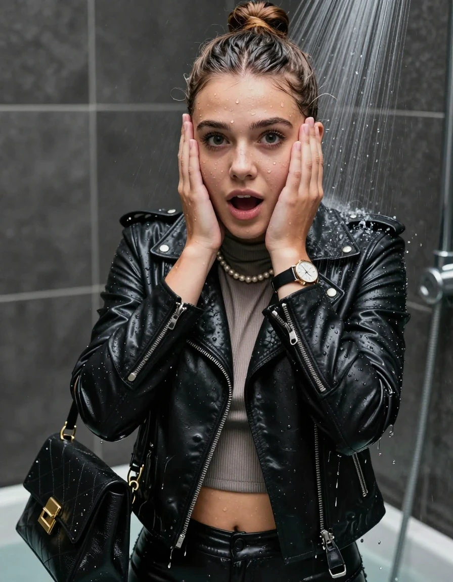 photo of young woman, in soaking wet, drenched clothes,
, Black leatherleggings , Black biker leatherjacket, tight knot turtleneck sweater belly free, handbag, pearl necklace, bracelet, wristwatch , Under the shower, strong jet of water, 
enjoying, wet clothes stuck to body,
detailed textures of the wet clothes, wet face, wet plastered hair,
wet, drenched, professional, high-quality details, full body view.
sharp focus, ultra-high pixel detail, realistic, high-quality, full colors, incredibly detailed, 4k, 8k, 16k, hyper-realistic, RAW photo, masterpiece, ultra-detailed, professionally color graded, professional photograph, topknot

15 years old  teenage girl

Only head and shoulders are over the surface visible. Hold her hands over her face. Open mouth, big eyes. Looking at camera.

she is completely underwater up to her neck, afraid and astonished expression. 

her submerged clothes are hardly vusible under water, she soaked her handbag into the water

close up view, wet skin, wet clothes, wet hair, damp fabric, water runs down the clothes, wet skin, wet clothes, damp fabric., wet skin, wet clothes, damp fabric, wet skin, wet clothes, damp fabric
