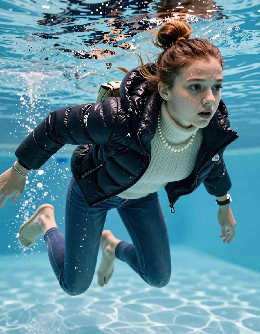 photo of young woman, in soaking wet, drenched clothes,
Boots, Completely soaked tight skinny jeans, Moncler shiny puffer down jacket, tight knit turtleneck sweater, shoulderbag, pearl necklace, bracelet, wristwatch , Swimming half underwater in swimming pool , 
enjoying, wet clothes stuck to body,
detailed textures of the wet clothes, wet face, wet plastered hair,
wet, drenched, professional, high-quality details, full body view.
sharp focus, ultra-high pixel detail, realistic, high-quality, full colors, incredibly detailed, 4k, 8k, 16k, hyper-realistic, RAW photo, masterpiece, ultra-detailed, professionally color graded, professional photograph, Topknot

15 years old  teenage girl

Looking slightly away. 

she is completely underwater up to her neck, afraid and astonished expression. 

Swimming movements with Arms and legs. Breast swimming.

her submerged clothes are hardly vusible under water, she soaked her handbag into the water

close up view, wet skin, wet clothes, wet hair, damp fabric, water runs down the clothes, wet skin, wet clothes, damp fabric, wet skin, wet clothes, damp fabric, wet skin, wet clothes, damp fabric, wet skin, wet clothes, damp fabric, wet skin, wet clothes, damp fabric, wet skin, wet clothes, damp fabric, wet skin, wet clothes, damp fabric, wet skin, wet clothes, damp fabric, wet skin, wet clothes, damp fabric, wet skin, wet clothes, damp fabric, wet skin, wet clothes, damp fabric, wet skin, wet clothes, damp fabric, wet skin, wet clothes, damp fabric, wet skin, wet clothes, damp fabric, wet skin, wet clothes, damp fabric, wet skin, wet clothes, damp fabric, wet skin, wet clothes, damp fabric, wet skin, wet clothes, damp fabric, wet skin, wet clothes, damp fabric