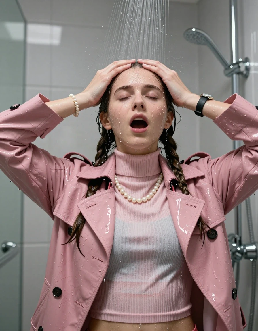 photo of young woman, in soaking wet, drenched clothes,
, , Pink woolen winter Trenchcoat, tight striped knit turtleneck sweater belly free, handbag, pearl necklace, bracelet, wristwatch, Under the shower, strong jet of water, modern mirrored bathroom, 
enjoying, wet clothes stuck to body,
detailed textures of the wet clothes, wet face, wet plastered hair,
wet, drenched, professional, high-quality details, full body view.
sharp focus, ultra-high pixel detail, realistic, high-quality, full colors, incredibly detailed, 4k, 8k, 16k, hyper-realistic, RAW photo, masterpiece, ultra-detailed, professionally color graded, professional photograph, Two pigtails

15 years old  teenage girl

Only head and shoulders are over the surface visible. Open mouth, closed eyes. Looking up. Hold her hands over her forehead.

she is completely underwater up to her neck, afraid and astonished expression. 

her submerged clothes are hardly vusible under water, she soaked her handbag into the water

close up view, wet skin, wet clothes, wet hair, damp fabric, water runs down the clothes, wet skin, wet clothes, damp fabric., wet skin, wet clothes, damp fabric, wet skin, wet clothes, damp fabric, wet skin, wet clothes, damp fabric