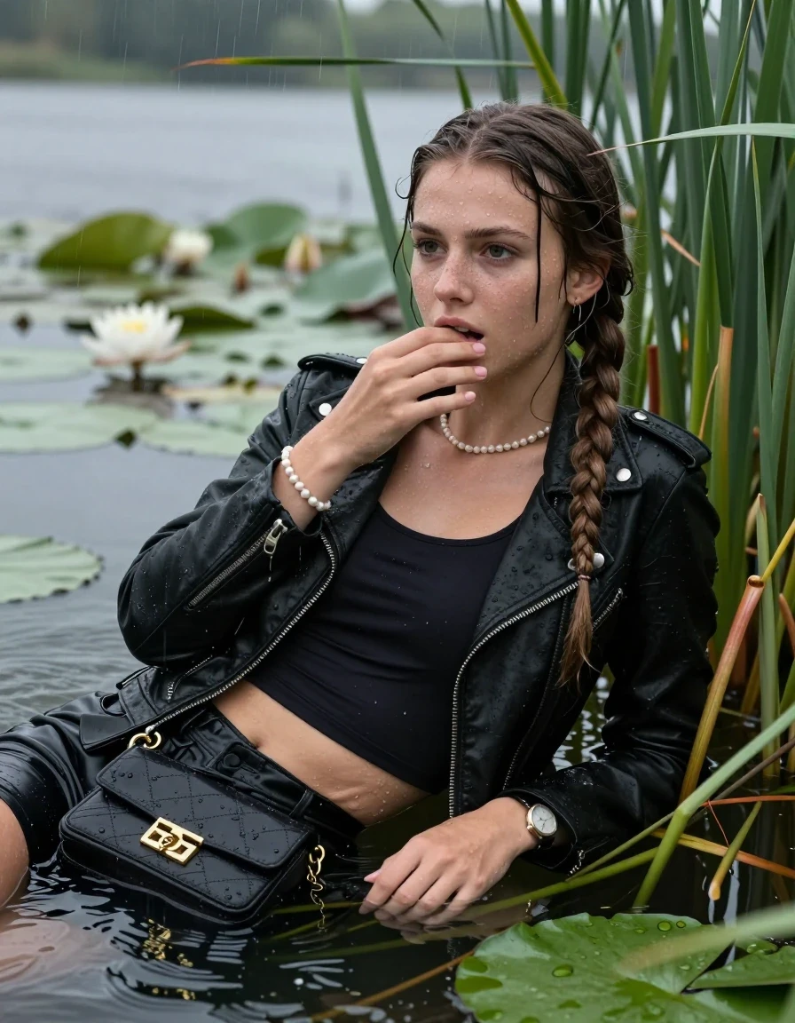 photo of young woman, in soaking wet, drenched clothes,
, , Black biker leatherjacket, tight sexy tshirt with wide neckline belly free, handbag, pearl necklace, bracelet, wristwatch , Emerging after diving in a lake with water lilies and reeds, rain , 
enjoying, wet clothes stuck to body,
detailed textures of the wet clothes, wet face, wet plastered hair,
wet, drenched, professional, high-quality details, full body view.
sharp focus, ultra-high pixel detail, realistic, high-quality, full colors, incredibly detailed, 4k, 8k, 16k, hyper-realistic, RAW photo, masterpiece, ultra-detailed, professionally color graded, professional photograph, Two long braids

15 years old  teenage girl

Laying her breast on the surface.  Looking slightly away. Hold her hand on mouth.

she is completely underwater up to her neck, afraid and astonished expression. 

She hides in the reeds and is surprised by spectators

her submerged clothes are hardly vusible under water, she soaked her handbag into the water

close up view, wet skin, wet clothes, wet hair, damp fabric, water runs down the clothes, wet skin, wet clothes, damp fabric, wet skin, wet clothes, damp fabric, wet skin, wet clothes, damp fabric, wet skin, wet clothes, damp fabric, wet skin, wet clothes, damp fabric, wet skin, wet clothes, damp fabric, wet skin, wet clothes, damp fabric, wet skin, wet clothes, damp fabric, wet skin, wet clothes, damp fabric, wet skin, wet clothes, damp fabric, wet skin, wet clothes, damp fabric, wet skin, wet clothes, damp fabric, wet skin, wet clothes, damp fabric, wet skin, wet clothes, damp fabric, wet skin, wet clothes, damp fabric, wet skin, wet clothes, damp fabric, wet skin, wet clothes, damp fabric, wet skin, wet clothes, damp fabric, wet skin, wet clothes, damp fabric