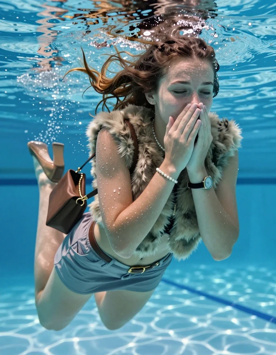 photo of young woman, in soaking wet, drenched clothes,
Heels,  Mini skirt, Fur coat, Shoulderbag, pearl necklace, bracelet, wristwatch , Swimming half submerged underwater in swimming pool , 
enjoying, wet clothes stuck to body,
detailed textures of the wet clothes, wet face, wet plastered hair,
wet, drenched, professional, high-quality details, full body view.
sharp focus, ultra-high pixel detail, realistic, high-quality, full colors, incredibly detailed, 4k, 8k, 16k, hyper-realistic, RAW photo, masterpiece, ultra-detailed, professionally color graded, professional photograph, Two sleek long braids

15 years old  teenage girl

Covers her nose with her hands. Looking slightly away. Open mouth, closed eyes.

she is completely underwater up to her neck, afraid and astonished expression. 

Swimming movements with Arms and legs. Breast swimming.

her submerged clothes are hardly vusible under water, she soaked her handbag into the water

close up view, wet skin, wet clothes, wet hair, damp fabric, water runs down the clothes, wet skin, wet clothes, damp fabric, wet skin, wet clothes, damp fabric, wet skin, wet clothes, damp fabric, wet skin, wet clothes, damp fabric, wet skin, wet clothes, damp fabric, wet skin, wet clothes, damp fabric, wet skin, wet clothes, damp fabric, wet skin, wet clothes, damp fabric, wet skin, wet clothes, damp fabric, wet skin, wet clothes, damp fabric, wet skin, wet clothes, damp fabric, wet skin, wet clothes, damp fabric, wet skin, wet clothes, damp fabric, wet skin, wet clothes, damp fabric, wet skin, wet clothes, damp fabric, wet skin, wet clothes, damp fabric, wet skin, wet clothes, damp fabric, wet skin, wet clothes, damp fabric, wet skin, wet clothes, damp fabric, wet skin, wet clothes, damp fabric, wet skin, wet clothes, damp fabric, wet skin, wet clothes, damp fabric, wet skin, wet clothes, damp fabric, wet skin, wet clothes, damp fabric
