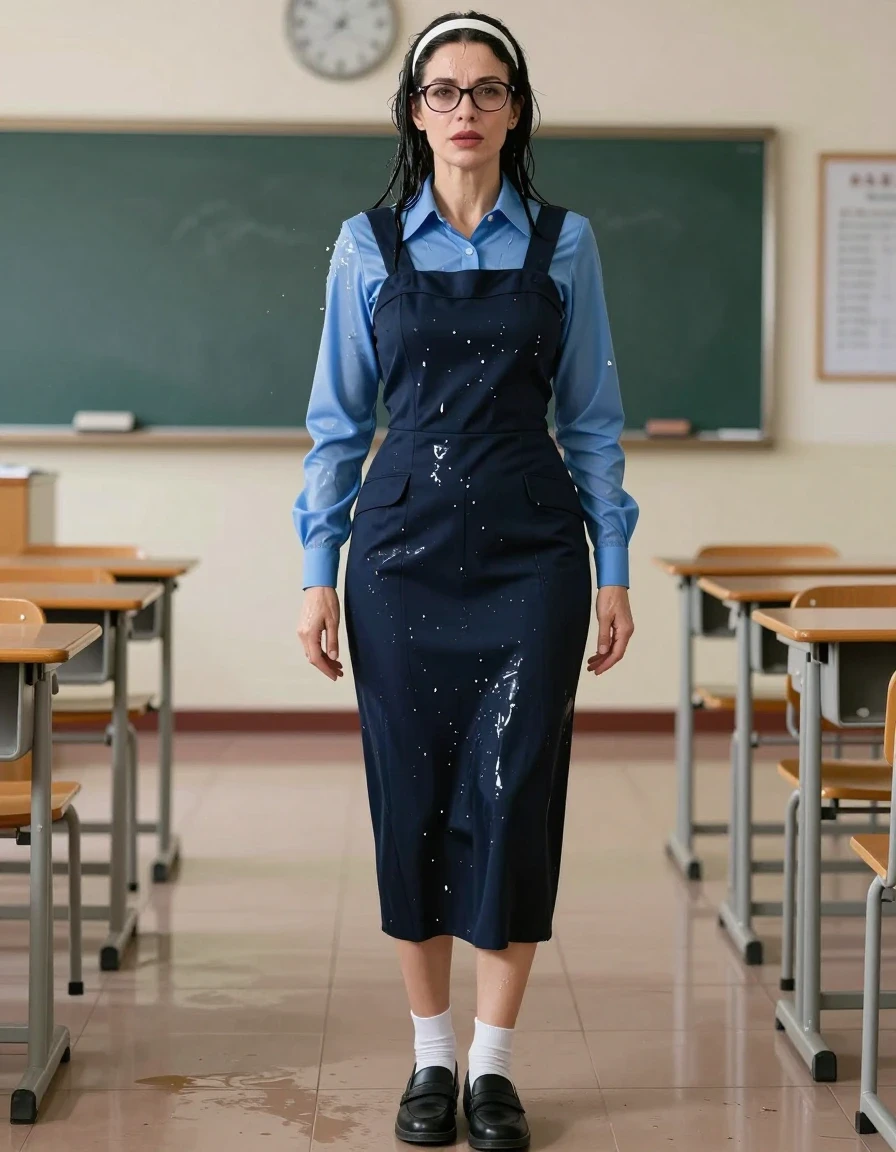 photo of young woman, in soaking wet, drenched clothes,
black shoes, white socks, school uniform with maxi dark blue school tight dress with two pockets and blue shirt with long sleeves, school uniform with maxi dark blue school tight dress with two pockets and blue shirt with long sleeves, after swimming in classroom, enjoying wet clothes stuck body, enjoying, wet clothes stuck to body, 
enjoying, wet clothes stuck to body,
detailed textures of the wet clothes, wet face, wet plastered hair,
wet, drenched, professional, high-quality details, full body view.
sharp focus, ultra-high pixel detail, realistic, high-quality, full colors, incredibly detailed, 4k, 8k, 16k, hyper-realistic, RAW photo, masterpiece, ultra-detailed, professionally color graded, professional photograph, europen brunette skinny woman 50 years old, long dark black hair, very big and thick lips,  office glasses, white headband, complete body, wet skin, wet clothes, damp fabric, wet skin, wet clothes, damp fabric, wet skin, wet clothes, damp fabric, wet skin, wet clothes, damp fabric, wet skin, wet clothes, damp fabric