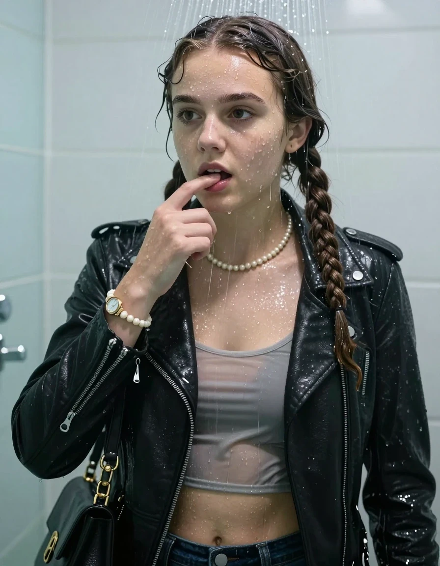 photo of young woman, in soaking wet, drenched clothes,
, , Black biker leatherjacket, tight sexy tshirt with wide neckline belly free, handbag, pearl necklace, bracelet, wristwatch , Under the shower, 
enjoying, wet clothes stuck to body,
detailed textures of the wet clothes, wet face, wet plastered hair,
wet, drenched, professional, high-quality details, full body view.
sharp focus, ultra-high pixel detail, realistic, high-quality, full colors, incredibly detailed, 4k, 8k, 16k, hyper-realistic, RAW photo, masterpiece, ultra-detailed, professionally color graded, professional photograph, Two long braids

15 years old  teenage girl

Only head and shoulders are over the surface visible. Looking slightly away. Puts a finger in the mouth.

she is completely underwater up to her neck, afraid and astonished expression. 

her submerged clothes are hardly vusible under water, she soaked her handbag into the water

close up view, wet skin, wet clothes, wet hair, damp fabric, water runs down the clothes, wet skin, wet clothes, damp fabric., wet skin, wet clothes, damp fabric