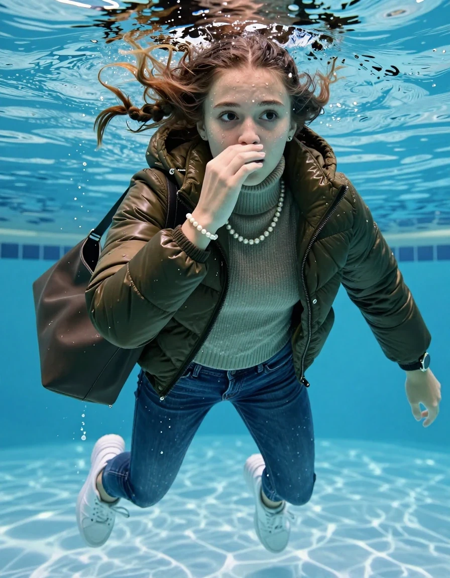 photo of young woman, in soaking wet, drenched clothes,
White sneakers , Completely soaked tight skinny jeans,  Belstaff olive shiny puffer down jacket, tight knit turtleneck sweater, shoulderbag, pearl necklace, bracelet, wristwatch , Swimming half submerged underwater in swimming pool , 
enjoying, wet clothes stuck to body,
detailed textures of the wet clothes, wet face, wet plastered hair,
wet, drenched, professional, high-quality details, full body view.
sharp focus, ultra-high pixel detail, realistic, high-quality, full colors, incredibly detailed, 4k, 8k, 16k, hyper-realistic, RAW photo, masterpiece, ultra-detailed, professionally color graded, professional photograph, Two sleek long braids

15 years old  teenage girl

Hold her hand over her nose. Looking slightly away. 

she is completely underwater up to her neck, afraid and astonished expression. 

Swimming movements with Arms and legs. Breast swimming.

her submerged clothes are hardly vusible under water, she soaked her handbag into the water

close up view, wet skin, wet clothes, wet hair, damp fabric, water runs down the clothes, wet skin, wet clothes, damp fabric, wet skin, wet clothes, damp fabric, wet skin, wet clothes, damp fabric, wet skin, wet clothes, damp fabric, wet skin, wet clothes, damp fabric, wet skin, wet clothes, damp fabric, wet skin, wet clothes, damp fabric, wet skin, wet clothes, damp fabric, wet skin, wet clothes, damp fabric, wet skin, wet clothes, damp fabric, wet skin, wet clothes, damp fabric, wet skin, wet clothes, damp fabric, wet skin, wet clothes, damp fabric, wet skin, wet clothes, damp fabric, wet skin, wet clothes, damp fabric, wet skin, wet clothes, damp fabric, wet skin, wet clothes, damp fabric, wet skin, wet clothes, damp fabric, wet skin, wet clothes, damp fabric, wet skin, wet clothes, damp fabric