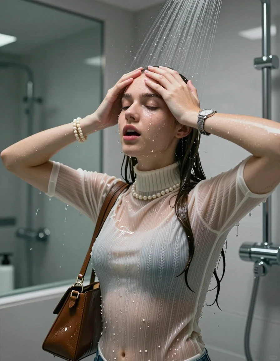photo of young woman, in soaking wet, drenched clothes,
, , tight striped knit turtleneck sweater belly free, handbag, pearl necklace, bracelet, wristwatch , Under the shower, strong jet of water, modern mirrored bathroom, 
enjoying, wet clothes stuck to body,
detailed textures of the wet clothes, wet face, wet plastered hair,
wet, drenched, professional, high-quality details, full body view.
sharp focus, ultra-high pixel detail, realistic, high-quality, full colors, incredibly detailed, 4k, 8k, 16k, hyper-realistic, RAW photo, masterpiece, ultra-detailed, professionally color graded, professional photograph, Sleek long straight hair with hairband

15 years old  teenage girl

Only head and shoulders are over the surface visible. Hold her hands over her forehead. Open mouth, closed eyes. Looking up.

she is completely underwater up to her neck, afraid and astonished expression. 

her submerged clothes are hardly vusible under water, she soaked her handbag into the water

close up view, wet skin, wet clothes, wet hair, damp fabric, water runs down the clothes, wet skin, wet clothes, damp fabric., wet skin, wet clothes, damp fabric, wet skin, wet clothes, damp fabric