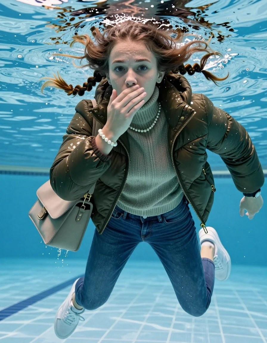 photo of young woman, in soaking wet, drenched clothes,
White sneakers , Completely soaked tight skinny jeans,  Belstaff olive shiny puffer down jacket, tight knit turtleneck sweater, shoulderbag, pearl necklace, bracelet, wristwatch , Swimming half submerged underwater in swimming pool , 
enjoying, wet clothes stuck to body,
detailed textures of the wet clothes, wet face, wet plastered hair,
wet, drenched, professional, high-quality details, full body view.
sharp focus, ultra-high pixel detail, realistic, high-quality, full colors, incredibly detailed, 4k, 8k, 16k, hyper-realistic, RAW photo, masterpiece, ultra-detailed, professionally color graded, professional photograph, Two sleek long braids

15 years old  teenage girl

Hold her hand over her mouth and nose. Looking slightly away. 

she is completely underwater up to her neck, afraid and astonished expression. 

Swimming movements with Arms and legs. Breast swimming.

her submerged clothes are hardly vusible under water, she soaked her handbag into the water

close up view, wet skin, wet clothes, wet hair, damp fabric, water runs down the clothes, wet skin, wet clothes, damp fabric, wet skin, wet clothes, damp fabric, wet skin, wet clothes, damp fabric, wet skin, wet clothes, damp fabric, wet skin, wet clothes, damp fabric, wet skin, wet clothes, damp fabric, wet skin, wet clothes, damp fabric, wet skin, wet clothes, damp fabric, wet skin, wet clothes, damp fabric, wet skin, wet clothes, damp fabric, wet skin, wet clothes, damp fabric, wet skin, wet clothes, damp fabric, wet skin, wet clothes, damp fabric, wet skin, wet clothes, damp fabric, wet skin, wet clothes, damp fabric, wet skin, wet clothes, damp fabric, wet skin, wet clothes, damp fabric, wet skin, wet clothes, damp fabric, wet skin, wet clothes, damp fabric, wet skin, wet clothes, damp fabric