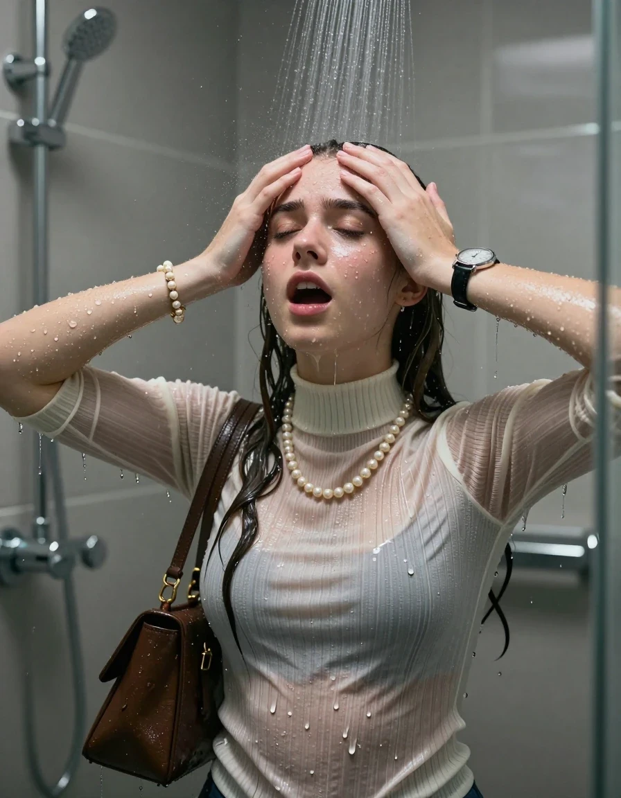 photo of young woman, in soaking wet, drenched clothes,
, , tight striped knit turtleneck sweater belly free, handbag, pearl necklace, bracelet, wristwatch , Under the shower, strong jet of water, modern mirrored bathroom, 
enjoying, wet clothes stuck to body,
detailed textures of the wet clothes, wet face, wet plastered hair,
wet, drenched, professional, high-quality details, full body view.
sharp focus, ultra-high pixel detail, realistic, high-quality, full colors, incredibly detailed, 4k, 8k, 16k, hyper-realistic, RAW photo, masterpiece, ultra-detailed, professionally color graded, professional photograph, Sleek long straight hair with hairband

15 years old  teenage girl

Only head and shoulders are over the surface visible. Hold her hands over her forehead. Open mouth, closed eyes. Looking up.

she is completely underwater up to her neck, afraid and astonished expression. 

her submerged clothes are hardly vusible under water, she soaked her handbag into the water

close up view, wet skin, wet clothes, wet hair, damp fabric, water runs down the clothes, wet skin, wet clothes, damp fabric., wet skin, wet clothes, damp fabric, wet skin, wet clothes, damp fabric