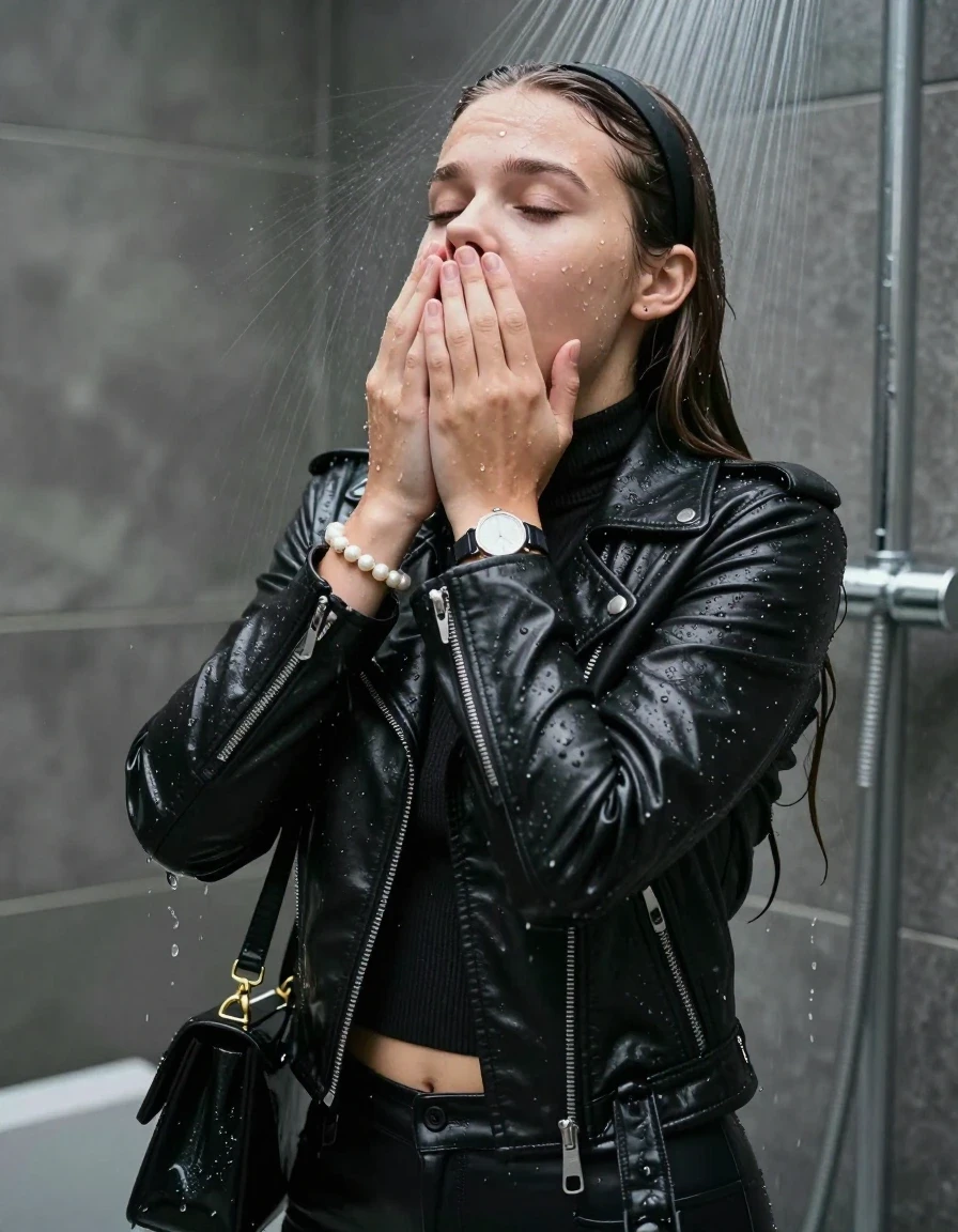 photo of young woman, in soaking wet, drenched clothes,
, Black leatherleggings , Black biker leatherjacket, tight knot turtleneck sweater belly free, handbag, pearl necklace, bracelet, wristwatch , Under the shower, strong jet of water, 
enjoying, wet clothes stuck to body,
detailed textures of the wet clothes, wet face, wet plastered hair,
wet, drenched, professional, high-quality details, full body view.
sharp focus, ultra-high pixel detail, realistic, high-quality, full colors, incredibly detailed, 4k, 8k, 16k, hyper-realistic, RAW photo, masterpiece, ultra-detailed, professionally color graded, professional photograph, Sleek long straight hair with hairband

15 years old  teenage girl

Only head and shoulders are over the surface visible. Hold her hands over her mouth and nose. Open mouth, closed eyes. Looking up.

she is completely underwater up to her neck, afraid and astonished expression. 

her submerged clothes are hardly vusible under water, she soaked her handbag into the water

close up view, wet skin, wet clothes, wet hair, damp fabric, water runs down the clothes, wet skin, wet clothes, damp fabric., wet skin, wet clothes, damp fabric, wet skin, wet clothes, damp fabric