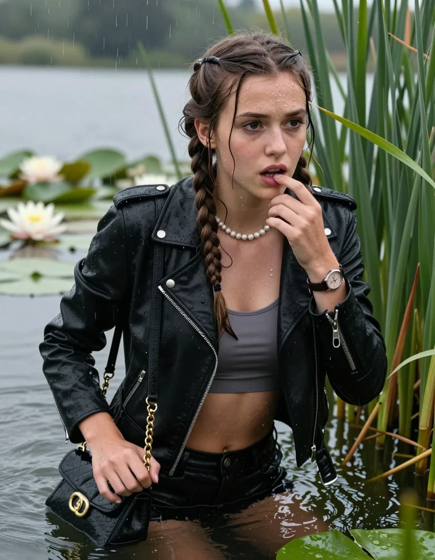 photo of young woman, in soaking wet, drenched clothes,
, , Black biker leatherjacket, tight sexy tshirt with wide neckline belly free, handbag, pearl necklace, bracelet, wristwatch , Emerging after diving in a lake with water lilies and reeds, rain , 
enjoying, wet clothes stuck to body,
detailed textures of the wet clothes, wet face, wet plastered hair,
wet, drenched, professional, high-quality details, full body view.
sharp focus, ultra-high pixel detail, realistic, high-quality, full colors, incredibly detailed, 4k, 8k, 16k, hyper-realistic, RAW photo, masterpiece, ultra-detailed, professionally color graded, professional photograph, Two long braids

15 years old  teenage girl

Laying her shoulders on the surface.  Looking slightly away. Puts a finger in the mouth.

she is completely underwater up to her neck, afraid and astonished expression. 

She hides in the reeds and is surprised by spectators

her submerged clothes are hardly vusible under water, she soaked her handbag into the water

close up view, wet skin, wet clothes, wet hair, damp fabric, water runs down the clothes, wet skin, wet clothes, damp fabric., wet skin, wet clothes, damp fabric