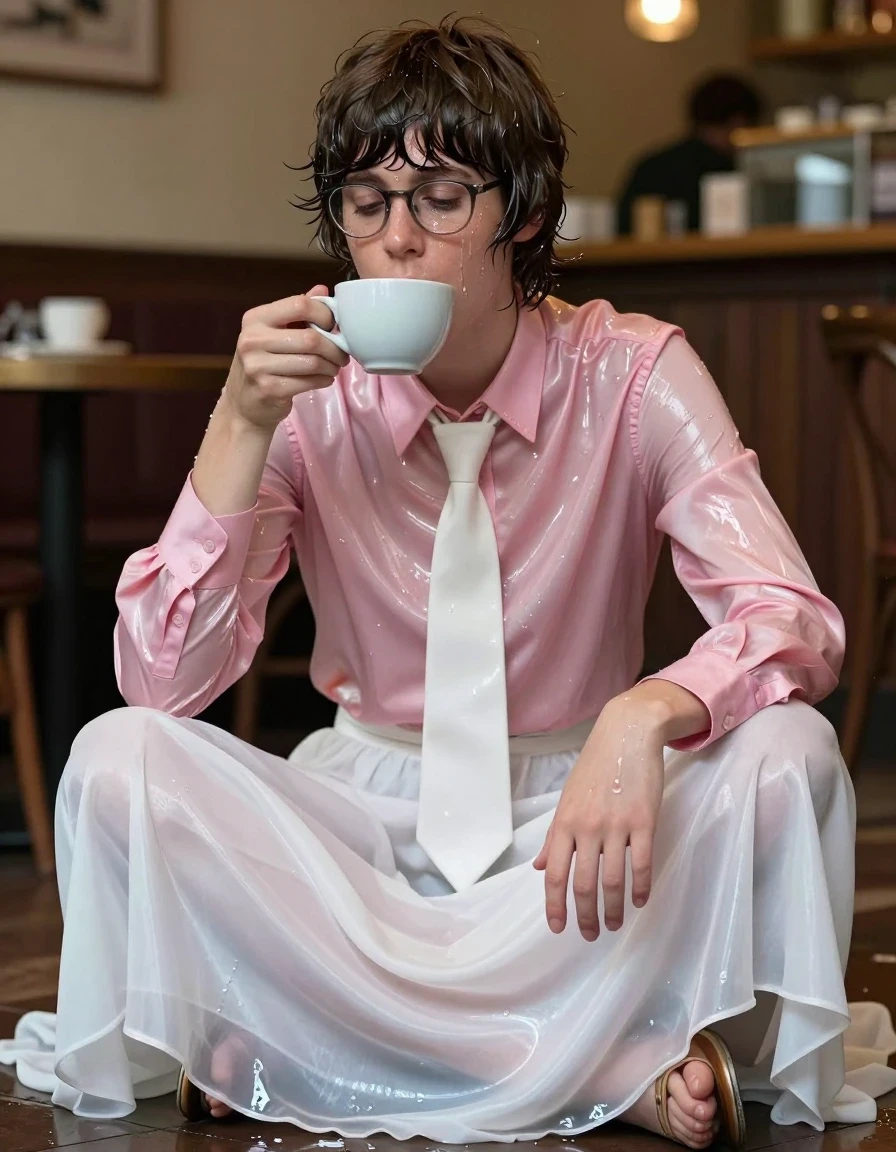 A photorealistic portrait of an exhausted young adult European woman with a Beatles-style haircut, her skin and hair drenched with sweat and moisture, creating a realistic wet sheen. She is wearing a long-sleeved pink satin blouse that is soaked through, causing the fabric to darken, cling to her body, and exhibit heavy, wet folds with glossy specular reflections. She wears a crisp white necktie at the collar. Below, she is wearing a floor-length white silk skirt that is excessively long, pooling on the floor, with the hem heavily saturated and translucent from water absorption. She is wearing simple sandals. The woman has a nerdy appearance, wearing glasses, and is captured in a candid, exhausted moment while sitting in a cafe, holding a teacup and taking a sip. The cafe environment is softly blurred in the background with warm ambient lighting reflecting off her damp skin and wet clothing. High-resolution, cinematic lighting, 8k, detailed textures, realistic skin pores, and water-drenched atmosphere.