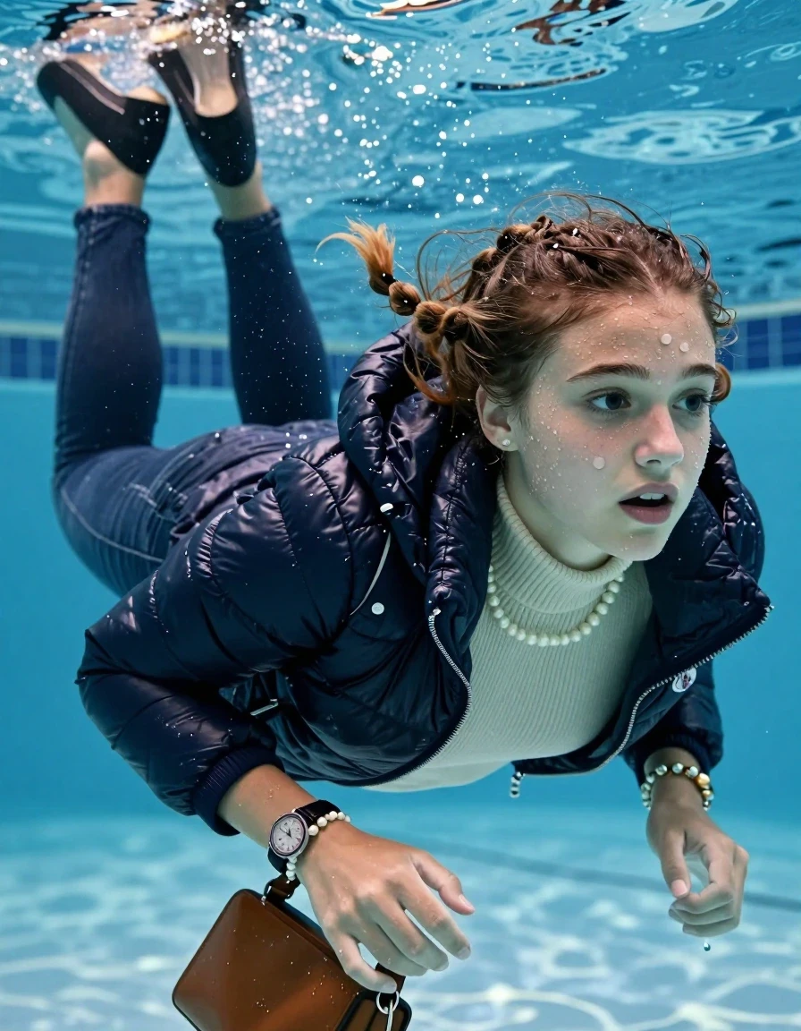 photo of young woman, in soaking wet, drenched clothes,
Heels, Completely soaked tight skinny jeans, Moncler shiny puffer down jacket, tight knit turtleneck sweater, handbag, pearl necklace, bracelet, wristwatch , Swimming underwater in swimming pool , 
enjoying, wet clothes stuck to body,
detailed textures of the wet clothes, wet face, wet plastered hair,
wet, drenched, professional, high-quality details, full body view.
sharp focus, ultra-high pixel detail, realistic, high-quality, full colors, incredibly detailed, 4k, 8k, 16k, hyper-realistic, RAW photo, masterpiece, ultra-detailed, professionally color graded, professional photograph, Two long braids

15 years old  teenage girl

Laying her breast on the surface.  Looking slightly away.

she is completely underwater up to her neck, afraid and astonished expression. 

her submerged clothes are hardly vusible under water, she soaked her handbag into the water

close up view, wet skin, wet clothes, wet hair, damp fabric, water runs down the clothes, wet skin, wet clothes, damp fabric, wet skin, wet clothes, damp fabric, wet skin, wet clothes, damp fabric, wet skin, wet clothes, damp fabric, wet skin, wet clothes, damp fabric, wet skin, wet clothes, damp fabric, wet skin, wet clothes, damp fabric, wet skin, wet clothes, damp fabric, wet skin, wet clothes, damp fabric, wet skin, wet clothes, damp fabric, wet skin, wet clothes, damp fabric, wet skin, wet clothes, damp fabric, wet skin, wet clothes, damp fabric, wet skin, wet clothes, damp fabric, wet skin, wet clothes, damp fabric, wet skin, wet clothes, damp fabric, wet skin, wet clothes, damp fabric, wet skin, wet clothes, damp fabric, wet skin, wet clothes, damp fabric