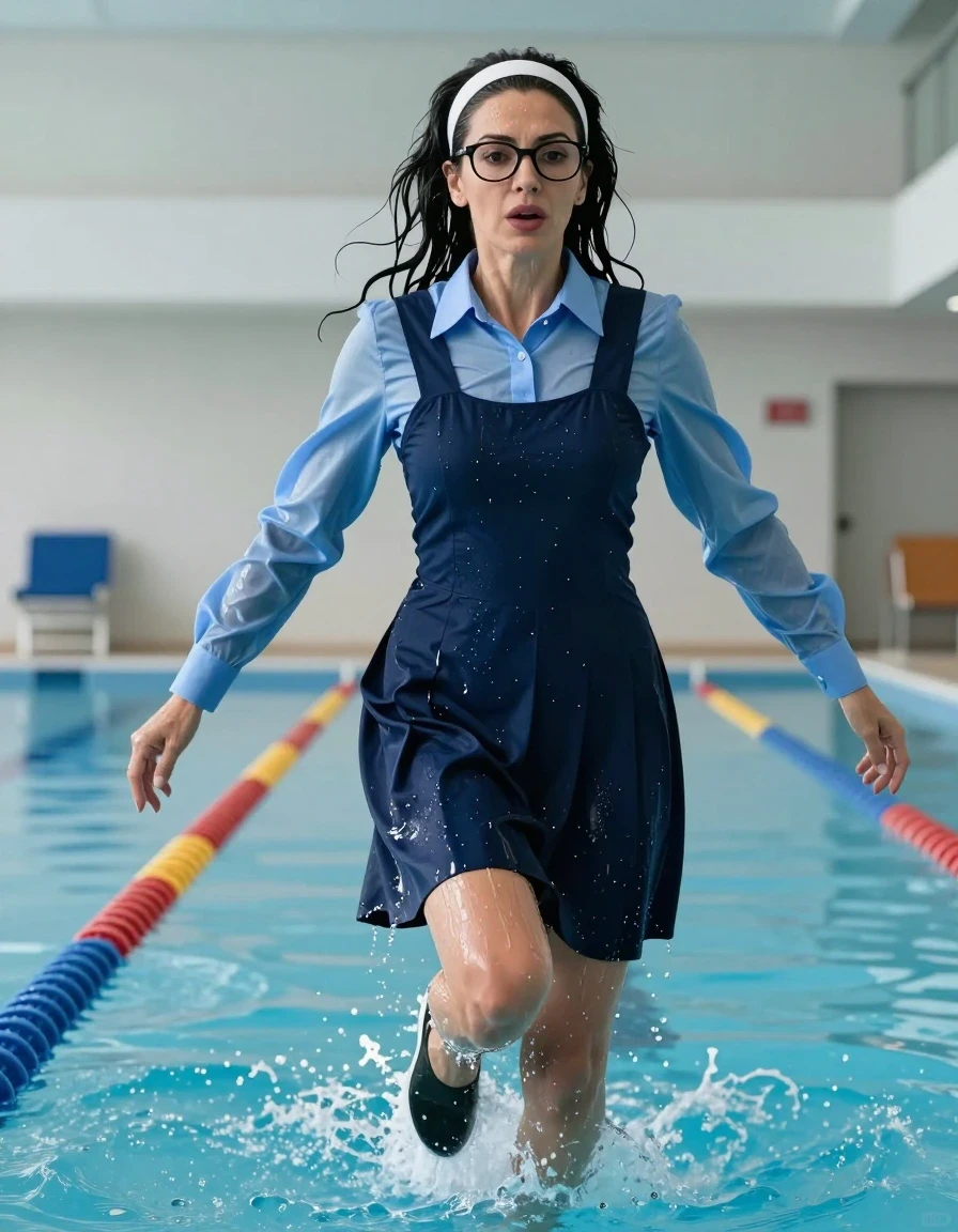 photo of young woman, in soaking wet, drenched clothes,
shoes, school uniform with maxi tight dark blue school pinafore and blue shirt with long sleeves, school uniform with maxi tight dark blue school pinafore and blue shirt with long sleeves, jump in indoor swimming pool, enjoying wet clothes stuck body, enjoying, wet clothes stuck to body, 
enjoying, wet clothes stuck to body,
detailed textures of the wet clothes, wet face, wet plastered hair,
wet, drenched, professional, high-quality details, full body view.
sharp focus, ultra-high pixel detail, realistic, high-quality, full colors, incredibly detailed, 4k, 8k, 16k, hyper-realistic, RAW photo, masterpiece, ultra-detailed, professionally color graded, professional photograph, europen brunette skinny woman 50 years old, long dark black hair, very big and thick lips,  office glasses, white headband, complete body, wet skin, wet clothes, damp fabric, wet skin, wet clothes, damp fabric, wet skin, wet clothes, damp fabric, wet skin, wet clothes, damp fabric, wet skin, wet clothes, damp fabric